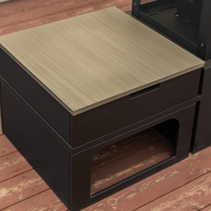 Deko Living 70 Inch Rectangular Outdoor Steel Woodburning Fireplace with Side Tables - Integrated Log Storage and Log Poker - CookCave