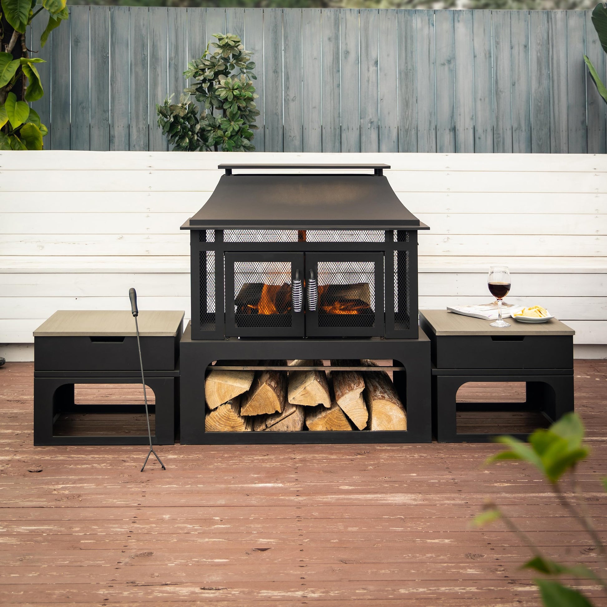 Deko Living 70 Inch Rectangular Outdoor Steel Woodburning Fireplace with Side Tables - Integrated Log Storage and Log Poker - CookCave
