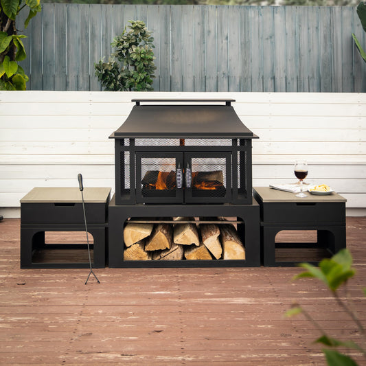 Deko Living 70 Inch Rectangular Outdoor Steel Woodburning Fireplace with Side Tables - Integrated Log Storage and Log Poker - CookCave