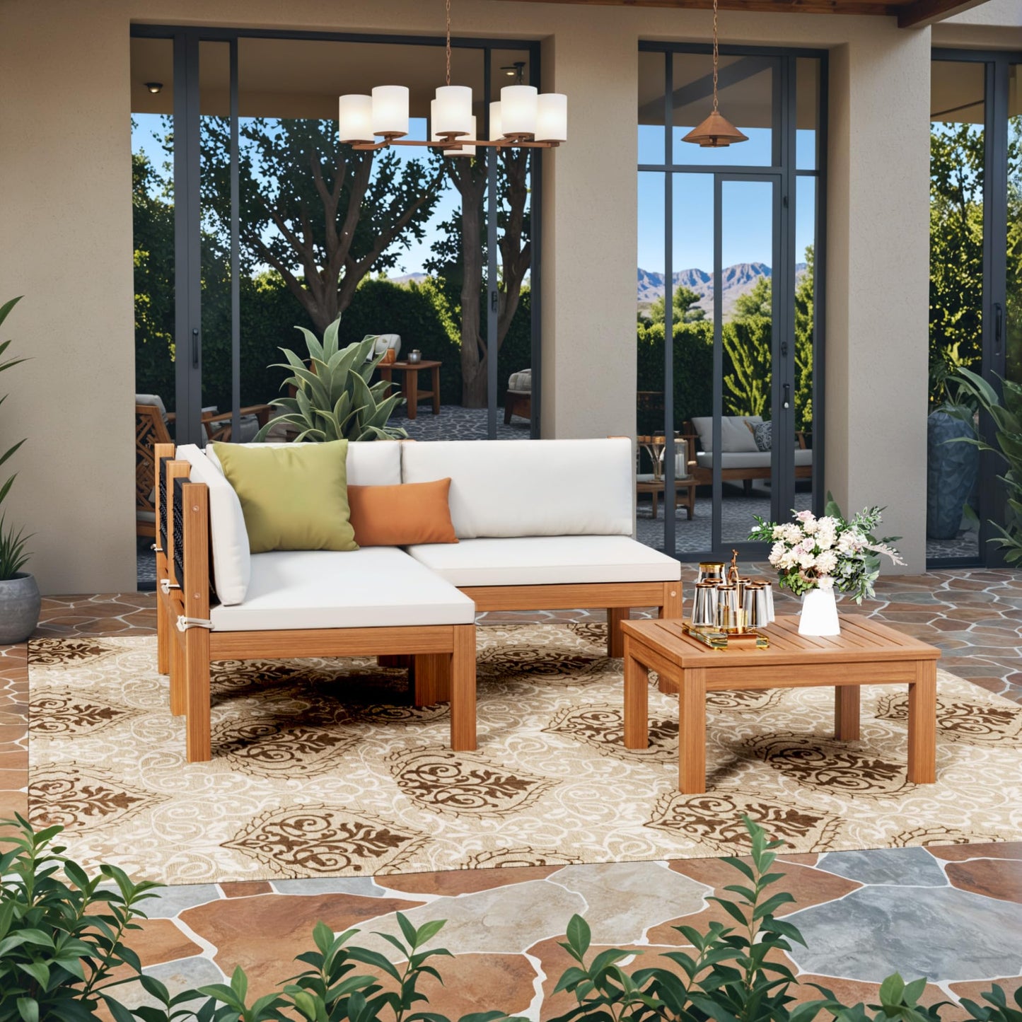 Devoko 4 Pieces Outdoor Sectional Couch Patio Sectional Sofa with Acacia Wood Coffee Table, Outdoor L-Shaped Couch with All-Weather Cushion for Patio,Deck,Backyard(White) - CookCave