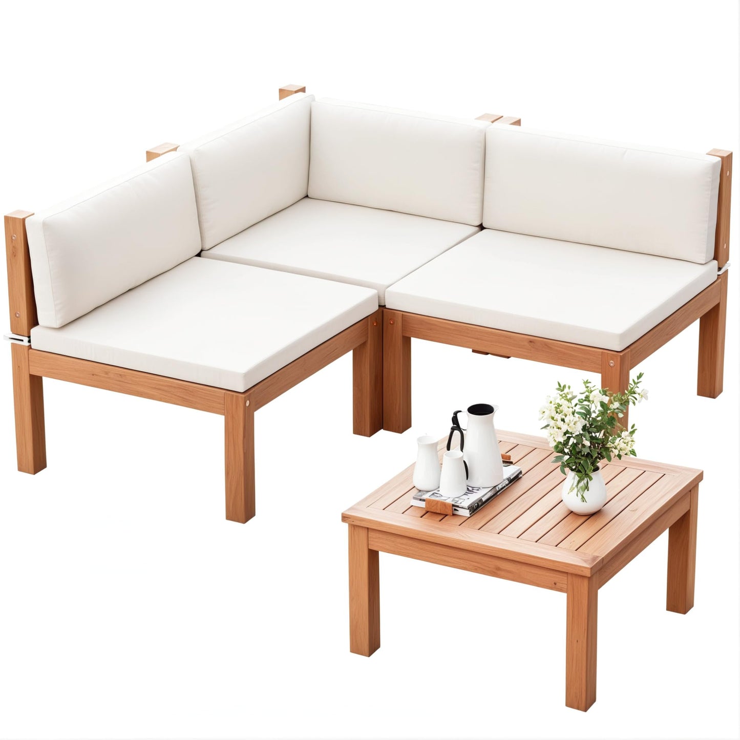 Devoko 4 Pieces Outdoor Sectional Couch Patio Sectional Sofa with Acacia Wood Coffee Table, Outdoor L-Shaped Couch with All-Weather Cushion for Patio,Deck,Backyard(White) - CookCave