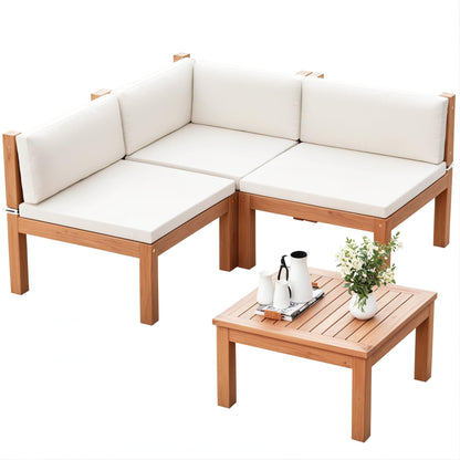 Devoko 4 Pieces Outdoor Sectional Couch Patio Sectional Sofa with Acacia Wood Coffee Table, Outdoor L-Shaped Couch with All-Weather Cushion for Patio,Deck,Backyard(White) - CookCave