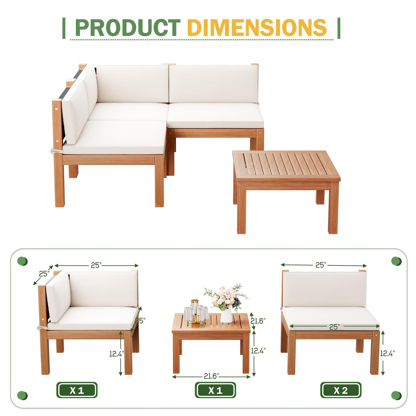 Devoko 4 Pieces Outdoor Sectional Couch Patio Sectional Sofa with Acacia Wood Coffee Table, Outdoor L-Shaped Couch with All-Weather Cushion for Patio,Deck,Backyard(White) - CookCave