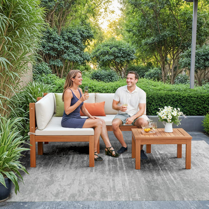 Devoko 4 Pieces Outdoor Sectional Couch Patio Sectional Sofa with Acacia Wood Coffee Table, Outdoor L-Shaped Couch with All-Weather Cushion for Patio,Deck,Backyard(White) - CookCave