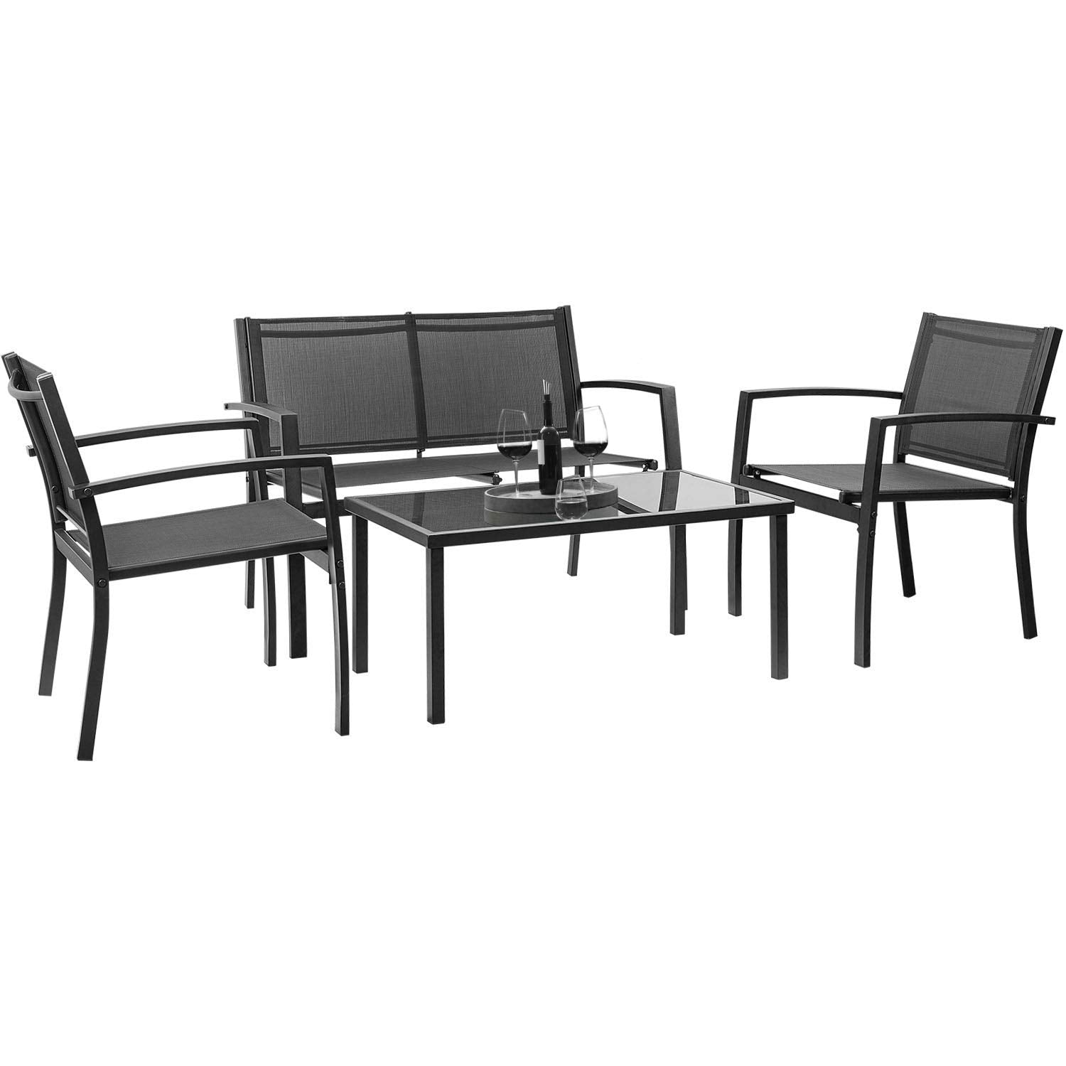 Devoko 4 Pieces Patio Furniture Set Outdoor Garden Patio Conversation Sets Poolside Lawn Chairs with Glass Coffee Table Porch Furniture (Black) - CookCave