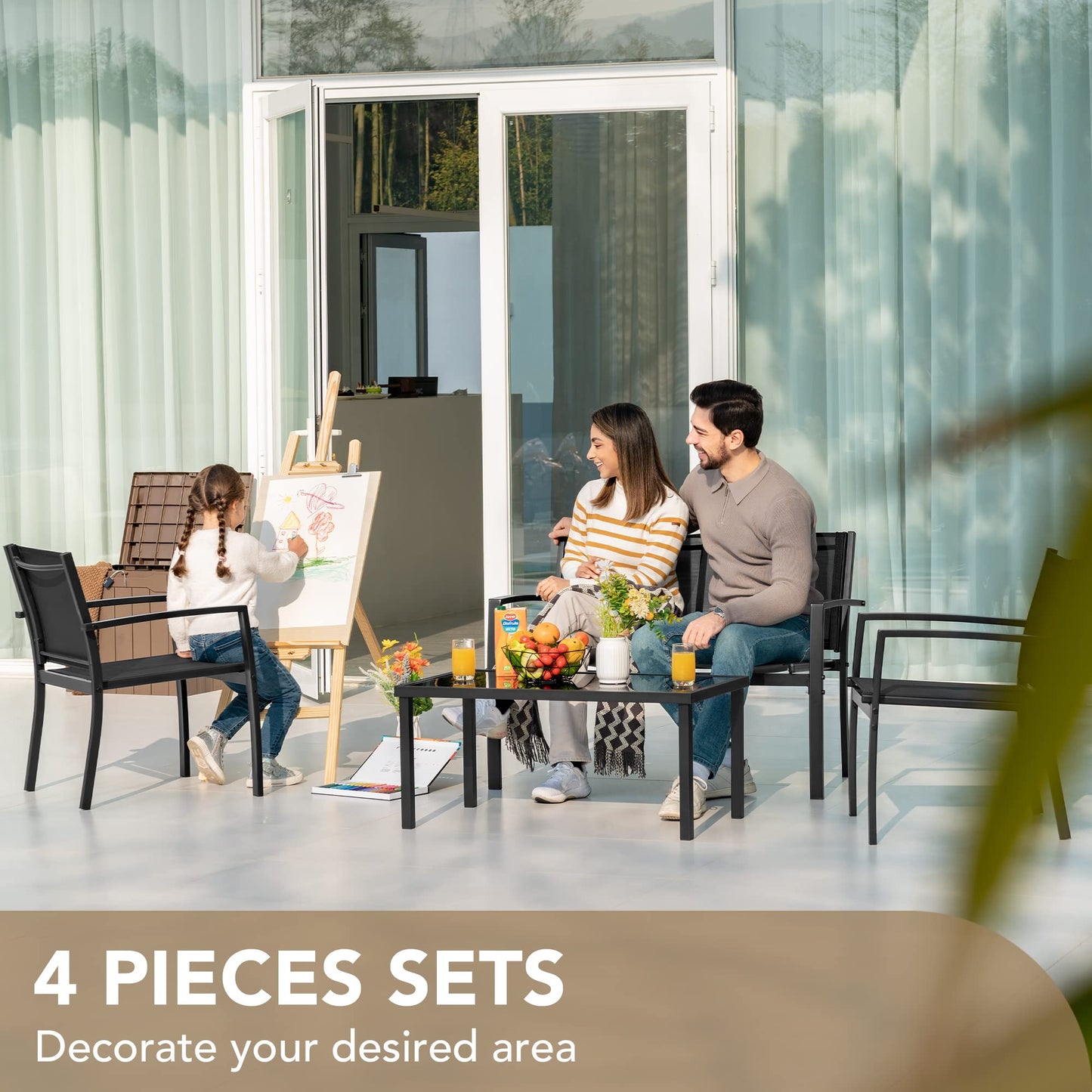 Devoko 4 Pieces Patio Furniture Set Outdoor Garden Patio Conversation Sets Poolside Lawn Chairs with Glass Coffee Table Porch Furniture (Black) - CookCave