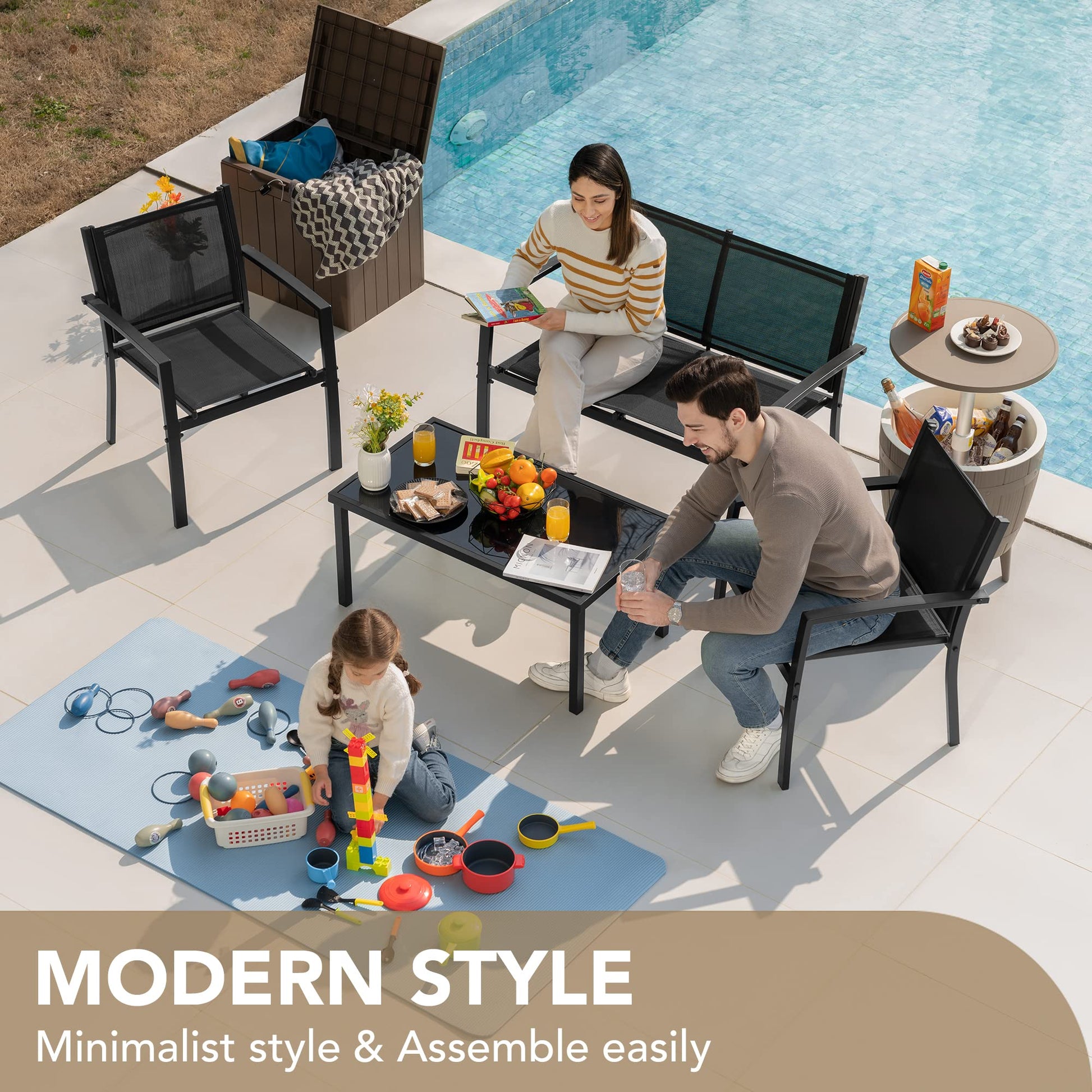 Devoko 4 Pieces Patio Furniture Set Outdoor Garden Patio Conversation Sets Poolside Lawn Chairs with Glass Coffee Table Porch Furniture (Black) - CookCave