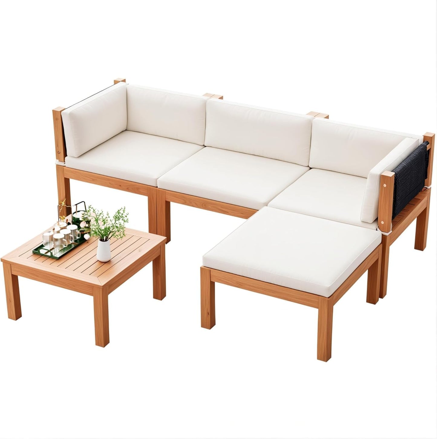 Devoko 5 Pieces Acacia Wood Outdoor Sectional Sofa Set with Coffee Table, Outdoor L-Shaped Couch with All-Weather Cushion for Patio - CookCave