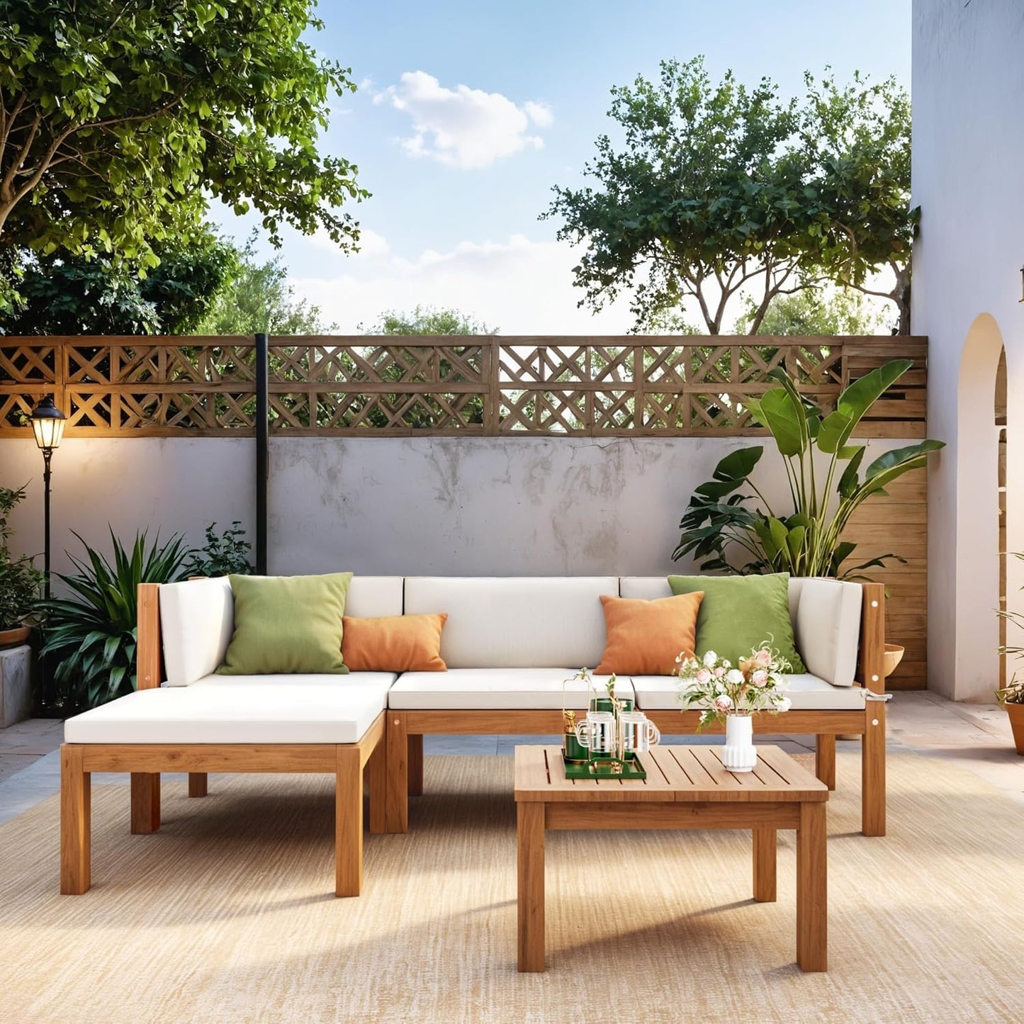 Devoko 5 Pieces Acacia Wood Outdoor Sectional Sofa Set with Coffee Table, Outdoor L-Shaped Couch with All-Weather Cushion for Patio - CookCave