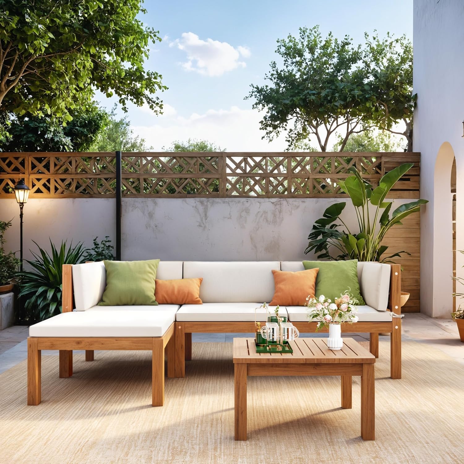 Devoko 5 Pieces Acacia Wood Outdoor Sectional Sofa Set with Coffee Table, Outdoor L-Shaped Couch with All-Weather Cushion for Patio - CookCave