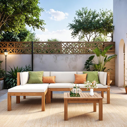 Devoko 5 Pieces Acacia Wood Outdoor Sectional Sofa Set with Coffee Table, Outdoor L-Shaped Couch with All-Weather Cushion for Patio - CookCave