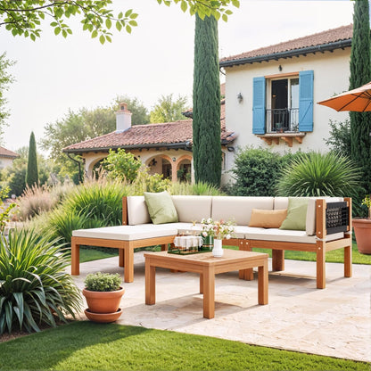 Devoko 5 Pieces Acacia Wood Outdoor Sectional Sofa Set with Coffee Table, Outdoor L-Shaped Couch with All-Weather Cushion for Patio - CookCave