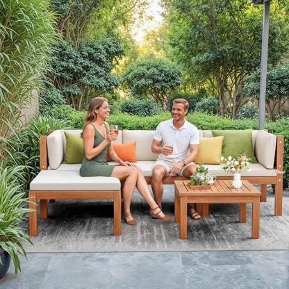 Devoko 5 Pieces Acacia Wood Outdoor Sectional Sofa Set with Coffee Table, Outdoor L-Shaped Couch with All-Weather Cushion for Patio - CookCave