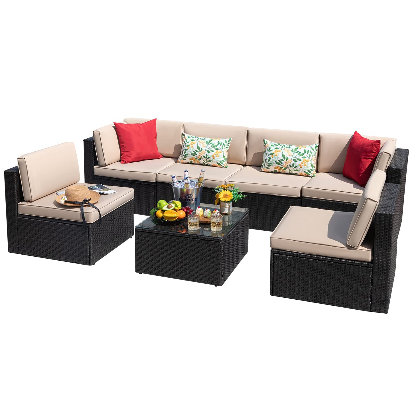 Devoko 7 Pieces Outdoor Sectional Sofa Patio Furniture Sets Manual Weaving Wicker Rattan Patio Conversation Sets with Cushion and Glass Table (Beige) - CookCave