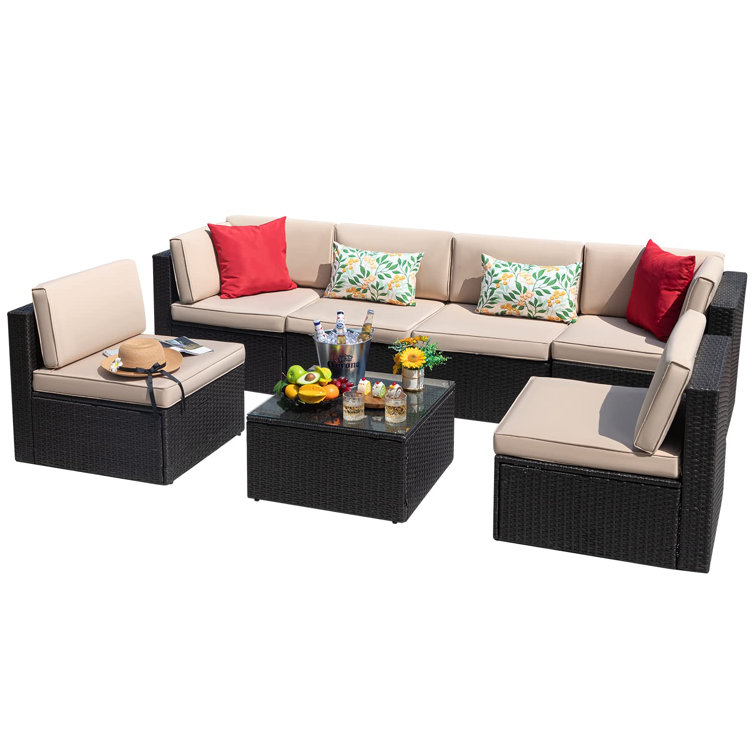 Devoko 7 Pieces Outdoor Sectional Sofa Patio Furniture Sets Manual Weaving Wicker Rattan Patio Conversation Sets with Cushion and Glass Table (Beige) - CookCave