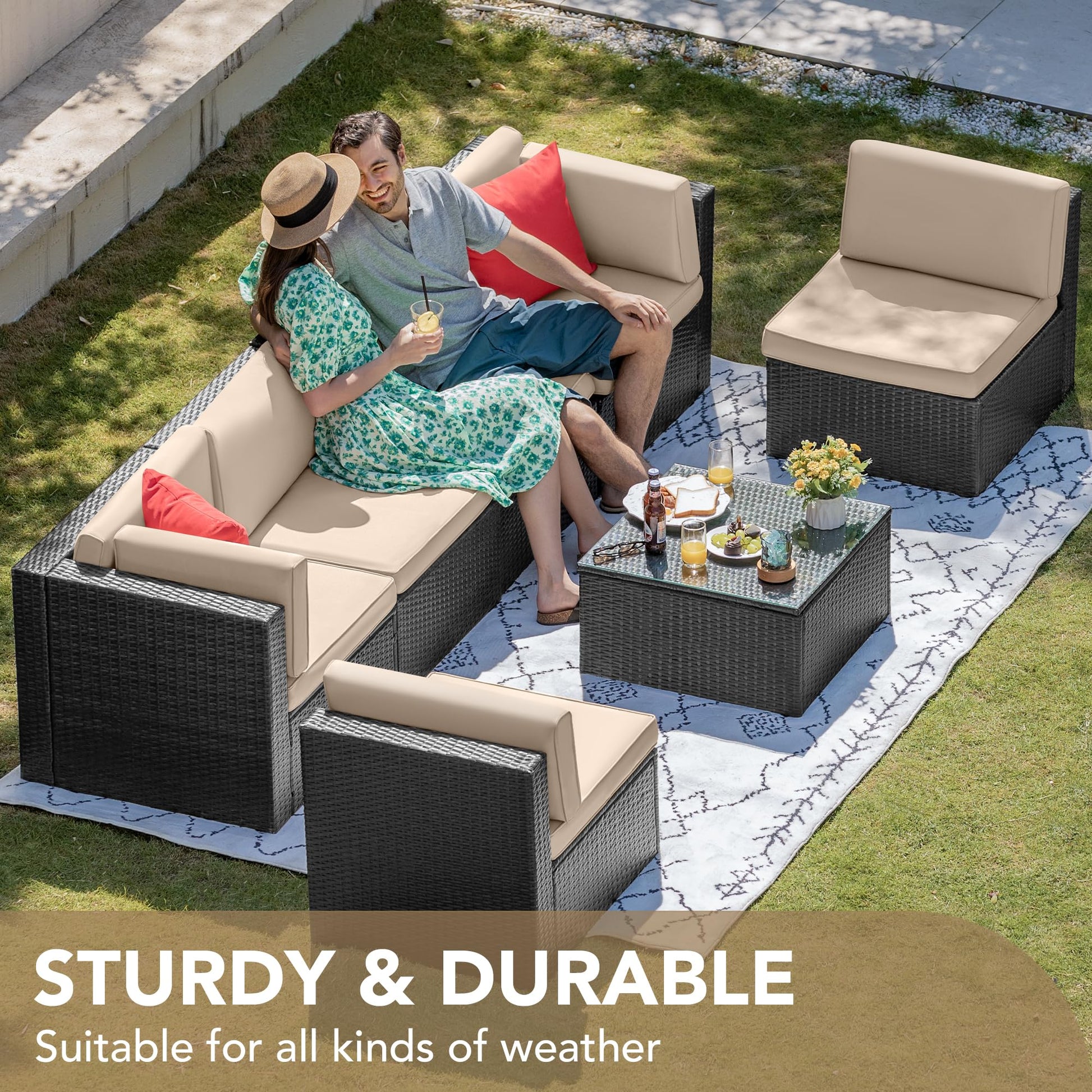 Devoko 7 Pieces Outdoor Sectional Sofa Patio Furniture Sets Manual Weaving Wicker Rattan Patio Conversation Sets with Cushion and Glass Table (Beige) - CookCave
