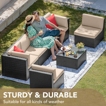 Devoko 7 Pieces Outdoor Sectional Sofa Patio Furniture Sets Manual Weaving Wicker Rattan Patio Conversation Sets with Cushion and Glass Table (Beige) - CookCave