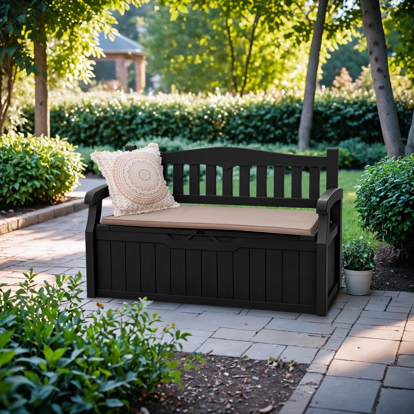 Devoko 80 Gallon Storage Bench Deck Box Lockable for Patio Furniture, Garden Decor and Outdoor Seating for Cushions, Garden Tools and Pool Supplies (Black) - CookCave