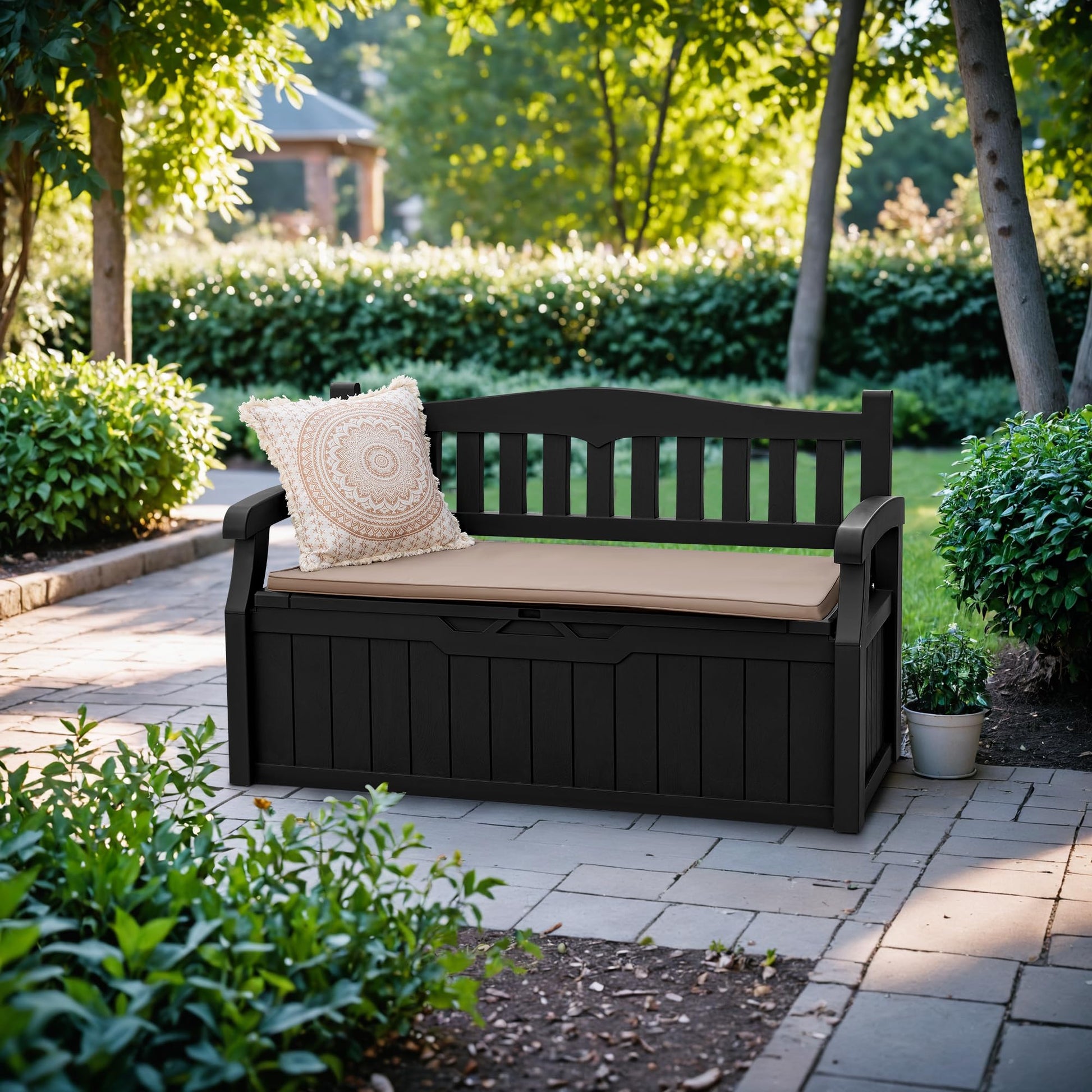 Devoko 80 Gallon Storage Bench Deck Box Lockable for Patio Furniture, Garden Decor and Outdoor Seating for Cushions, Garden Tools and Pool Supplies (Black) - CookCave