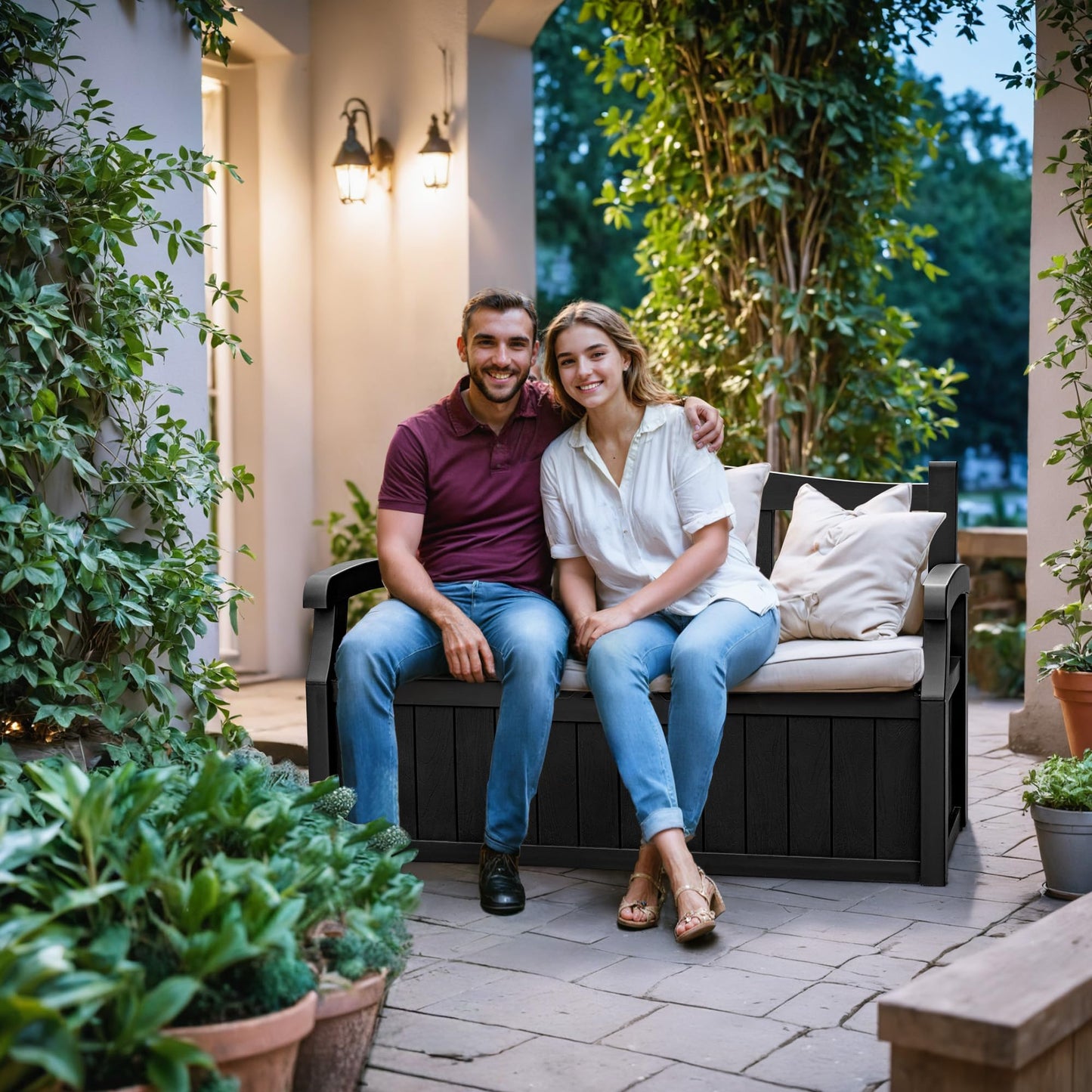 Devoko 80 Gallon Storage Bench Deck Box Lockable for Patio Furniture, Garden Decor and Outdoor Seating for Cushions, Garden Tools and Pool Supplies (Black) - CookCave