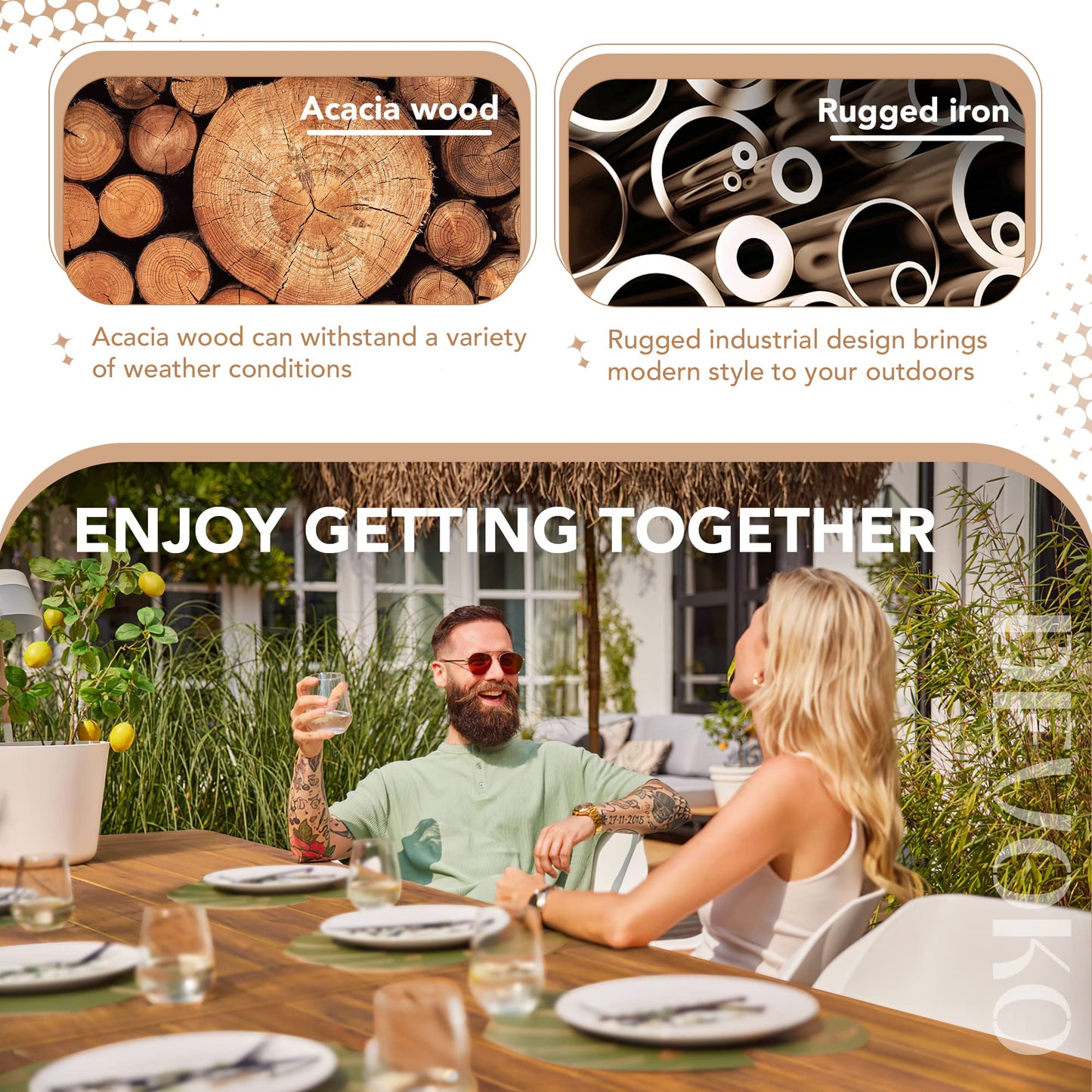 Devoko Home Acacia Wood Dining Table 6-Person Indoor Outdoor Table with Iron Legs, Sandblast Finish, Natural Stained, Rustic Metal, 69 * 33 * 30 inch (Natural) - CookCave