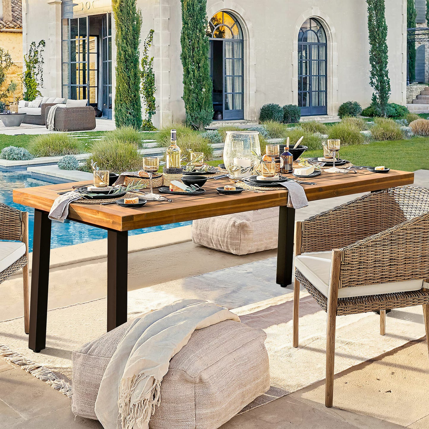 Devoko Home Acacia Wood Dining Table 6-Person Indoor Outdoor Table with Iron Legs, Sandblast Finish, Natural Stained, Rustic Metal, 69 * 33 * 30 inch (Natural) - CookCave