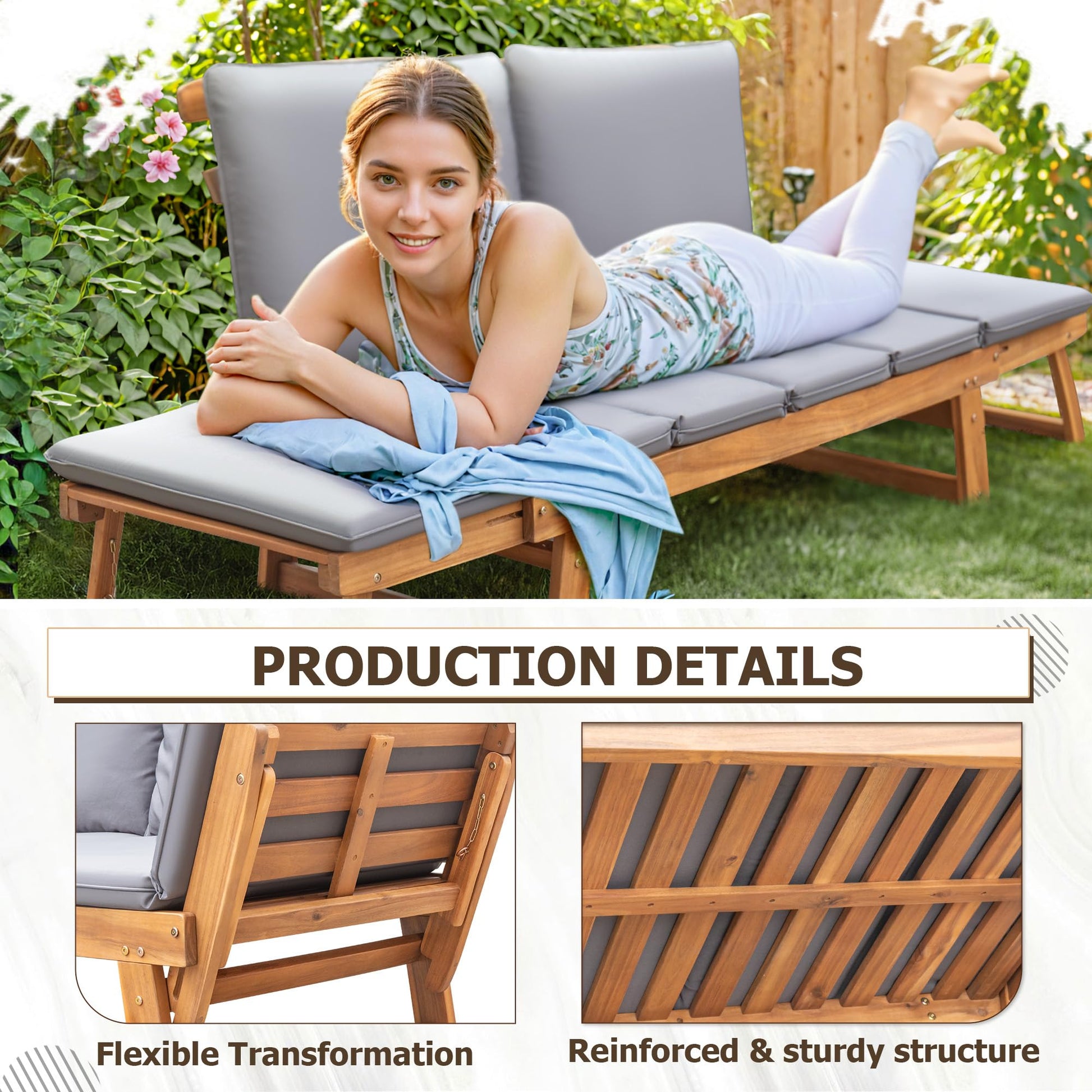 Devoko Outdoor Couch Acacia Wood Patio Couch with Adjustable Armrests,Outdoor Convertible Sofa with Removable Cushions&Pillows for Patio, Porch, Poolside(Grey) - CookCave