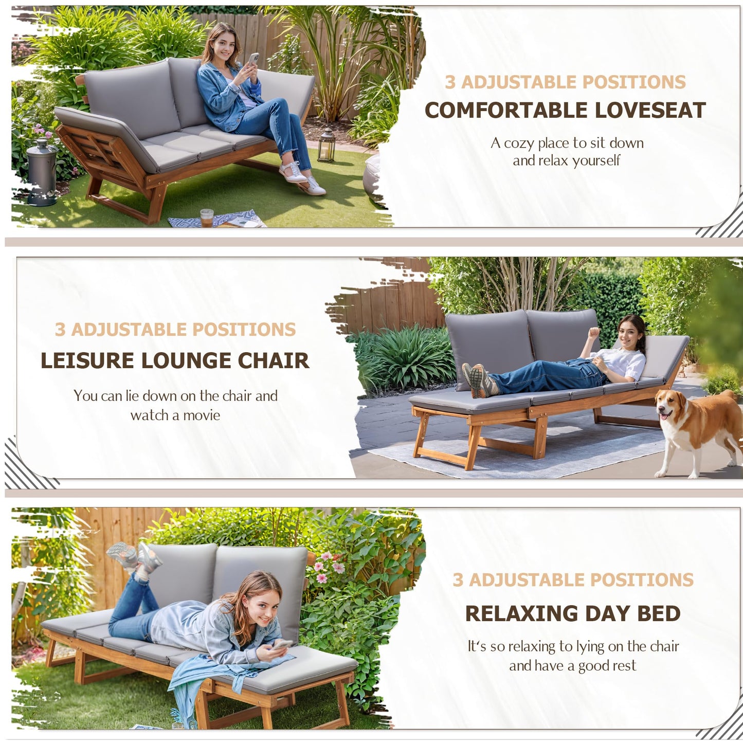 Devoko Outdoor Couch Acacia Wood Patio Couch with Adjustable Armrests,Outdoor Convertible Sofa with Removable Cushions&Pillows for Patio, Porch, Poolside(Grey) - CookCave