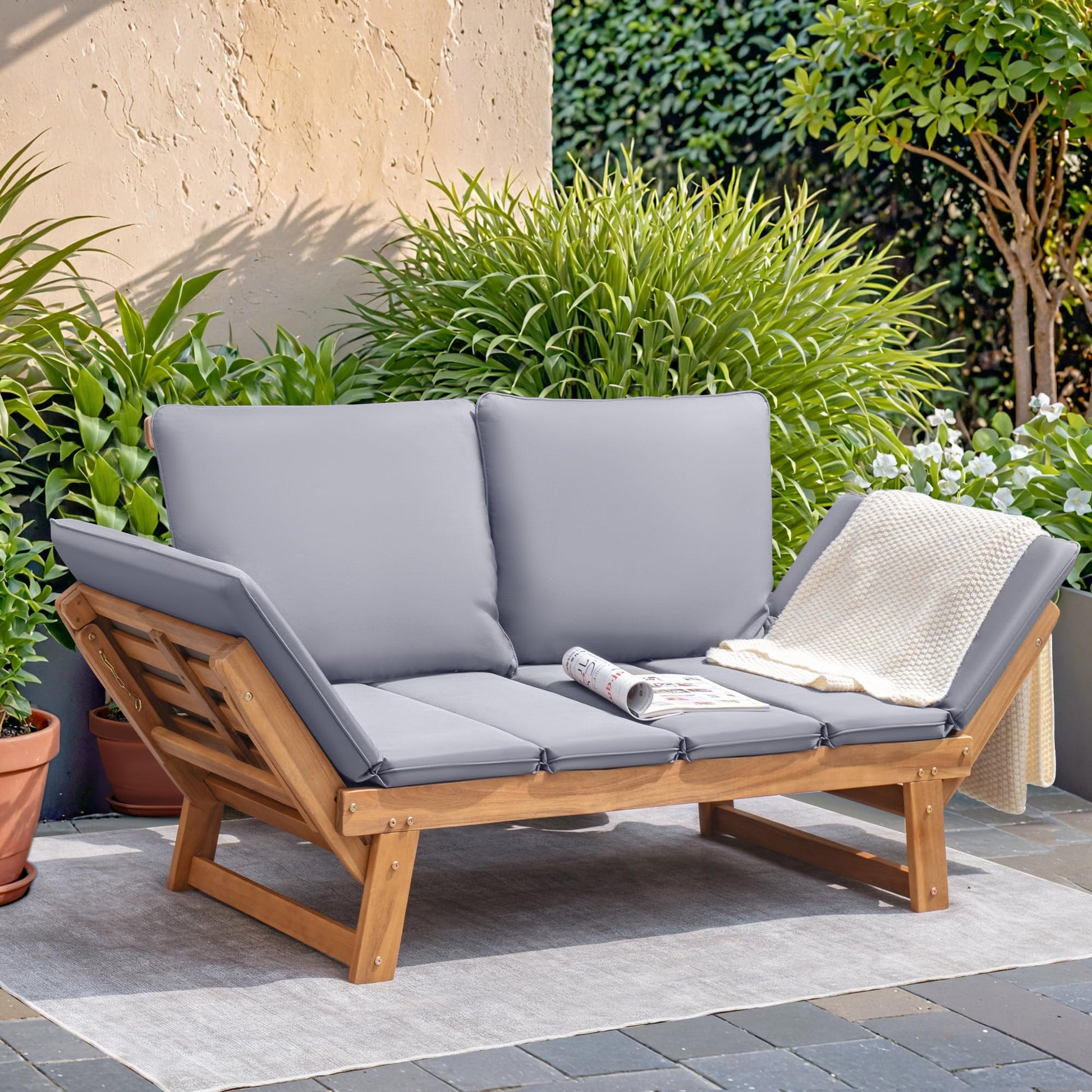 Devoko Outdoor Couch Acacia Wood Patio Couch with Adjustable Armrests,Outdoor Convertible Sofa with Removable Cushions&Pillows for Patio, Porch, Poolside(Grey) - CookCave