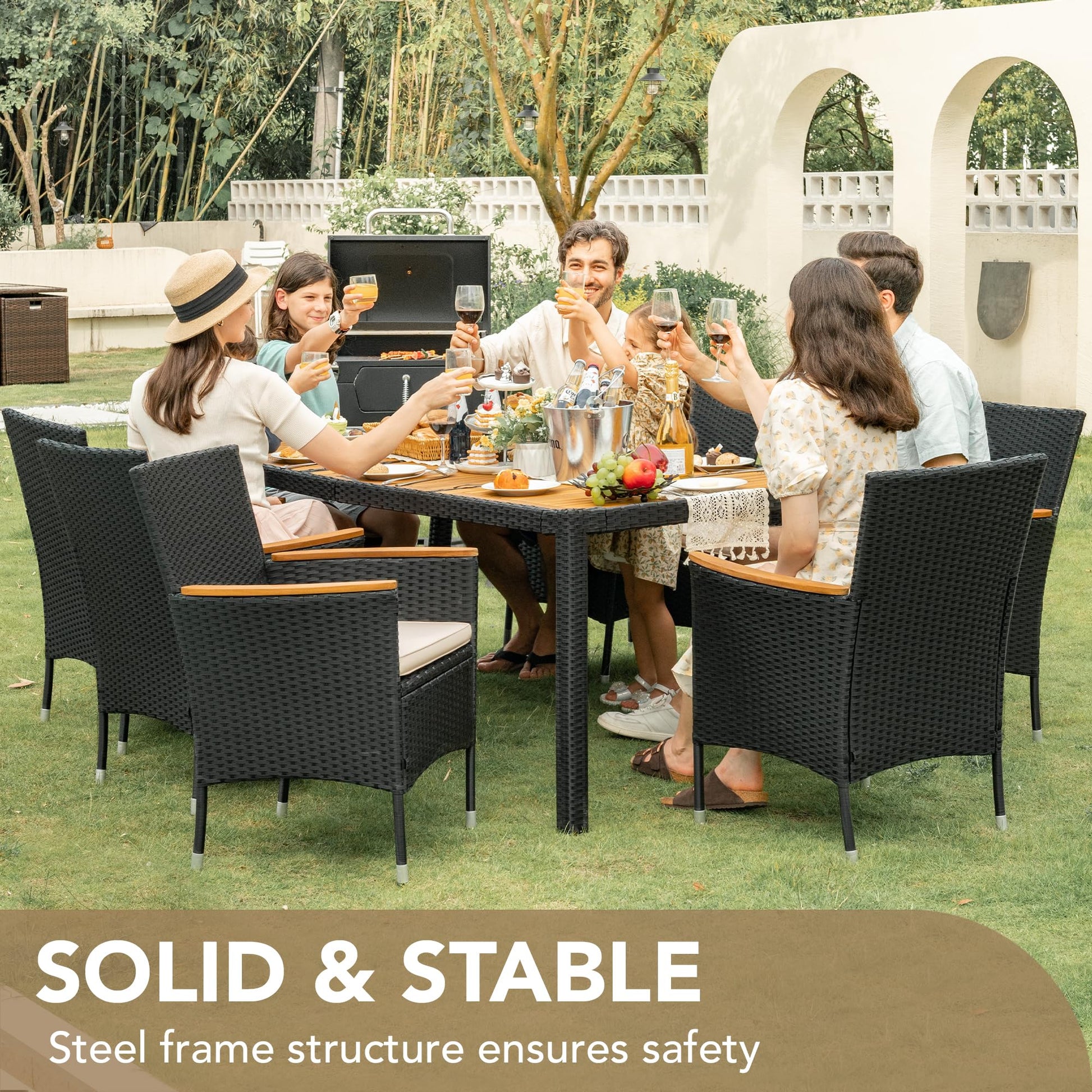 Devoko Outdoor Patio Dining Sets 9 Pieces Wicker Outdoor Dining Table and Chairs Set with Acacia Wood Table Top and Widened Armrests for Backyard, Garden, Deck (Black) - CookCave