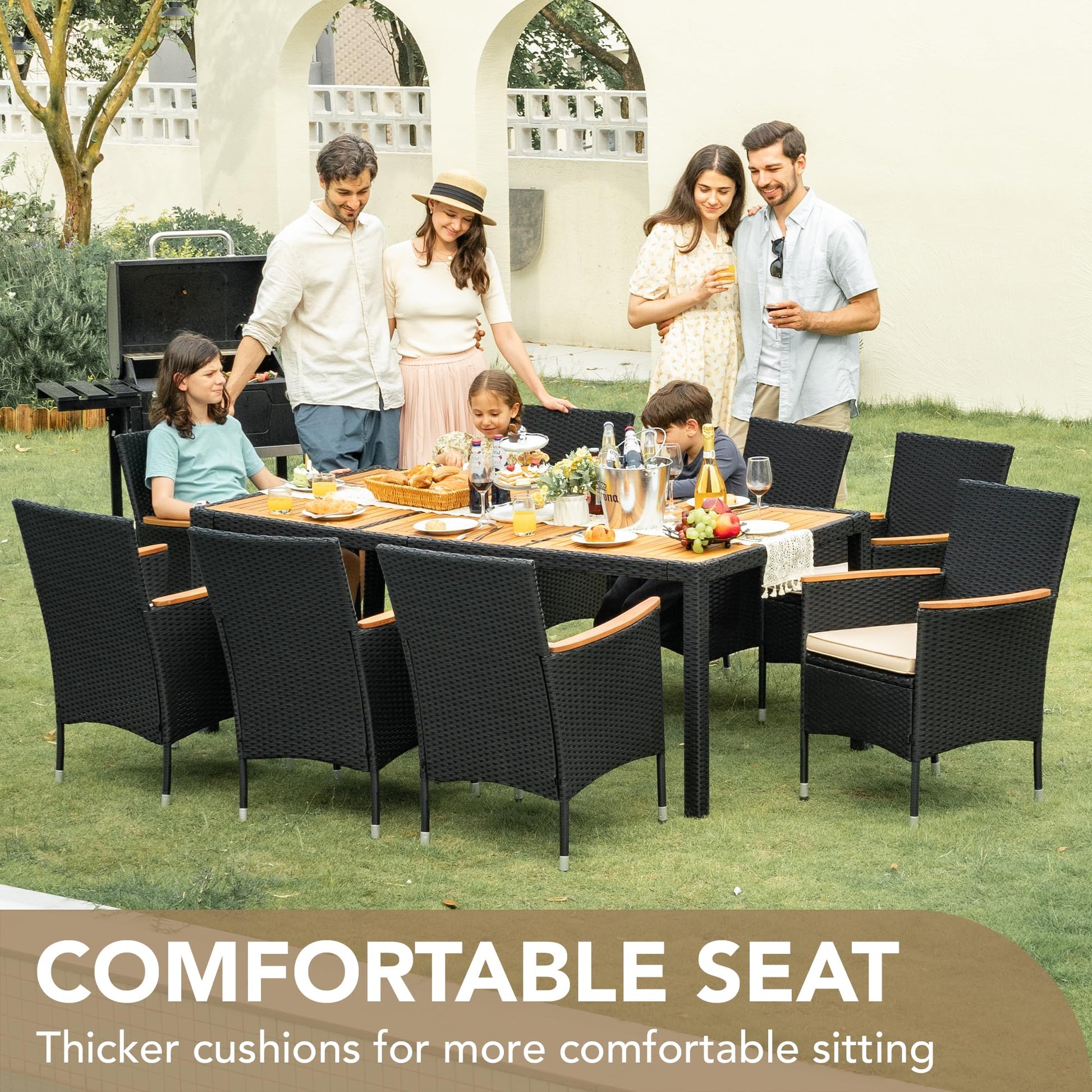 Devoko Outdoor Patio Dining Sets 9 Pieces Wicker Outdoor Dining Table and Chairs Set with Acacia Wood Table Top and Widened Armrests for Backyard, Garden, Deck (Black) - CookCave