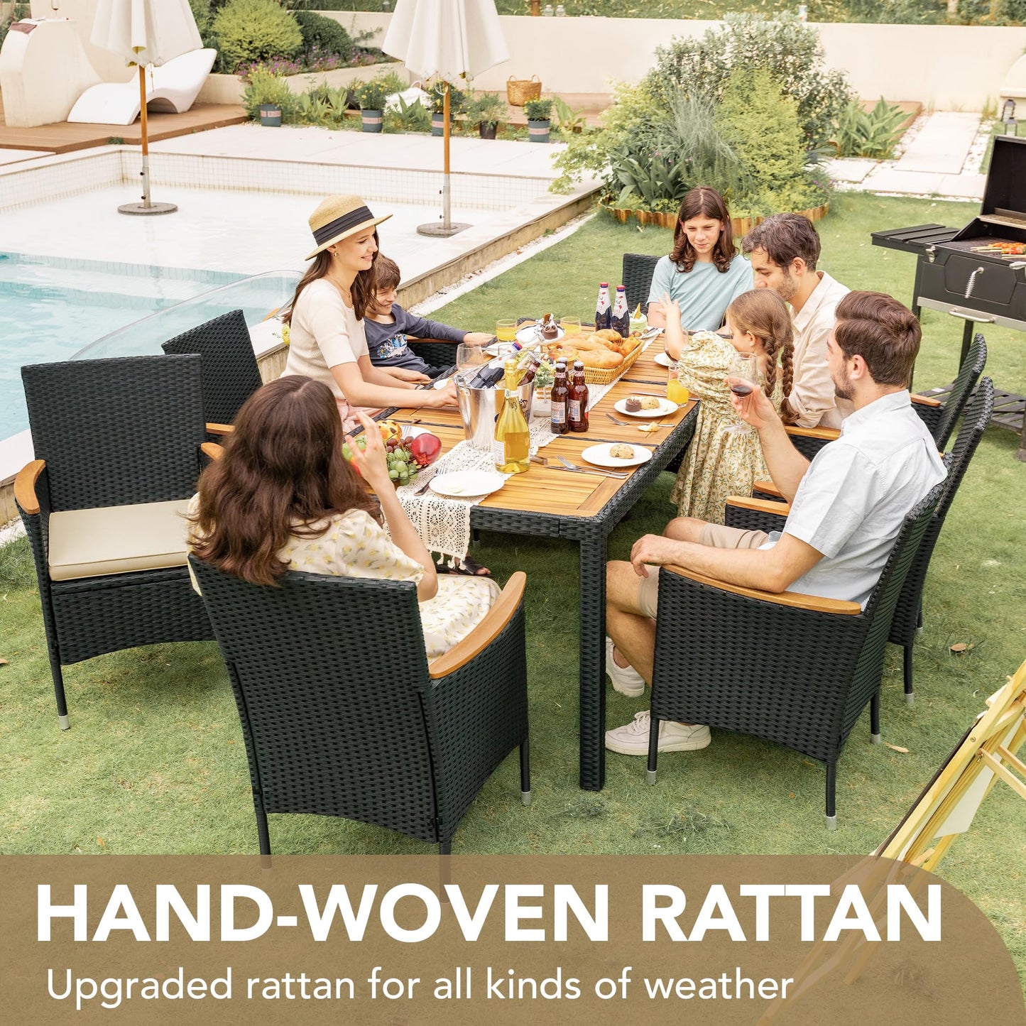 Devoko Outdoor Patio Dining Sets 9 Pieces Wicker Outdoor Dining Table and Chairs Set with Acacia Wood Table Top and Widened Armrests for Backyard, Garden, Deck (Black) - CookCave