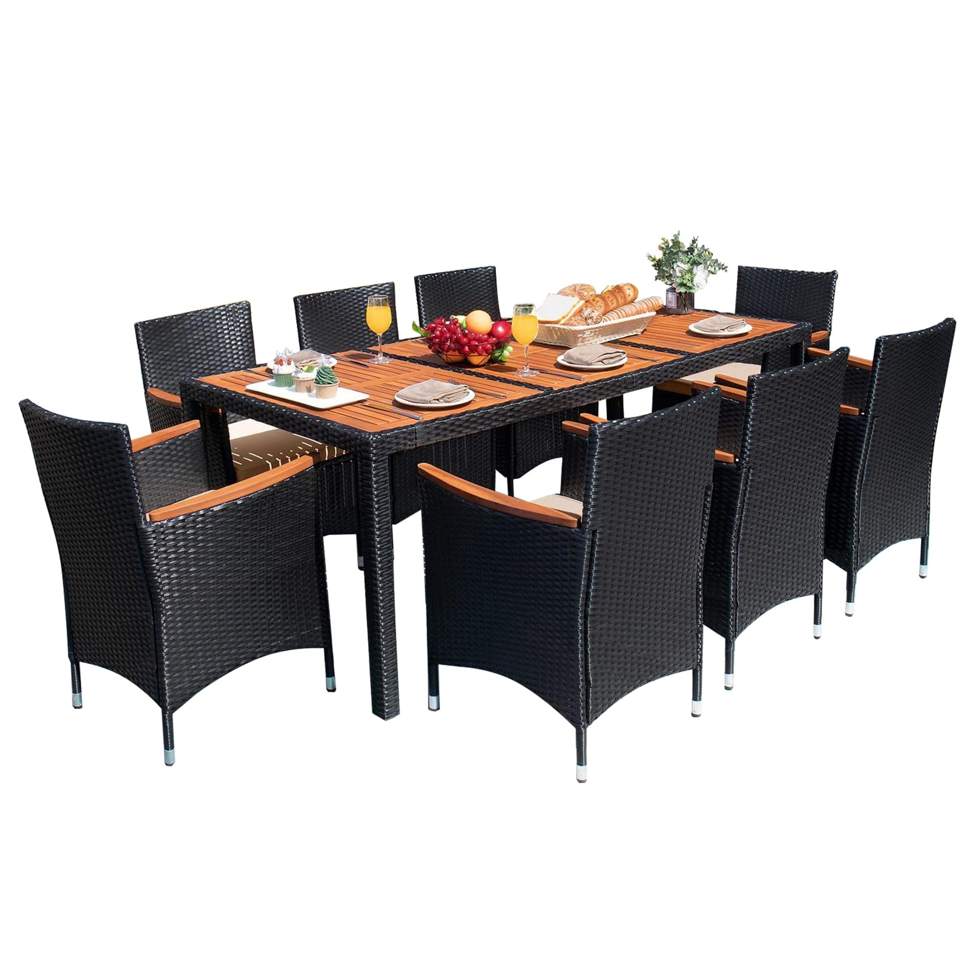 Devoko Outdoor Patio Dining Sets 9 Pieces Wicker Outdoor Dining Table and Chairs Set with Acacia Wood Table Top and Widened Armrests for Backyard, Garden, Deck (Black) - CookCave