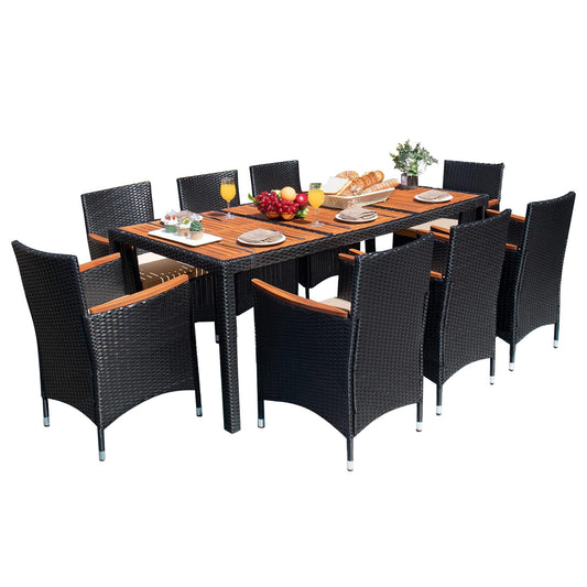 Devoko Outdoor Patio Dining Sets 9 Pieces Wicker Outdoor Dining Table and Chairs Set with Acacia Wood Table Top and Widened Armrests for Backyard, Garden, Deck (Black) - CookCave