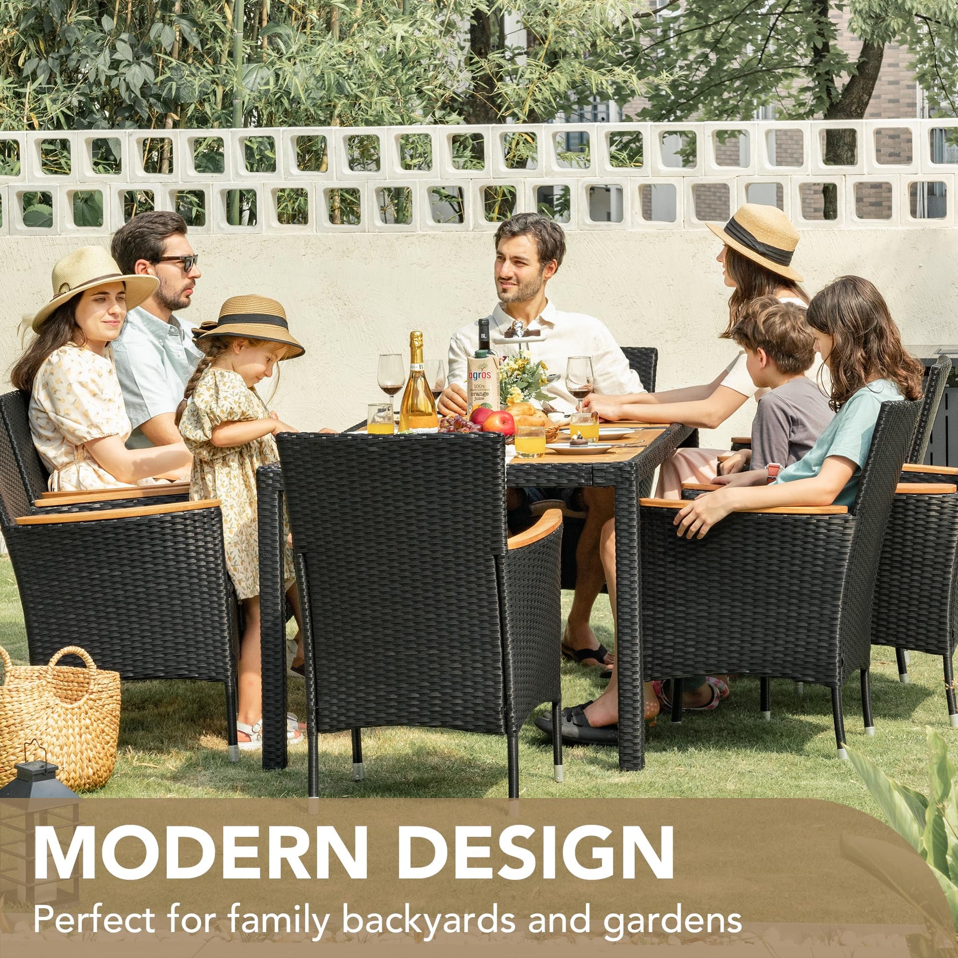 Devoko Outdoor Patio Dining Sets 9 Pieces Wicker Outdoor Dining Table and Chairs Set with Acacia Wood Table Top and Widened Armrests for Backyard, Garden, Deck (Black) - CookCave