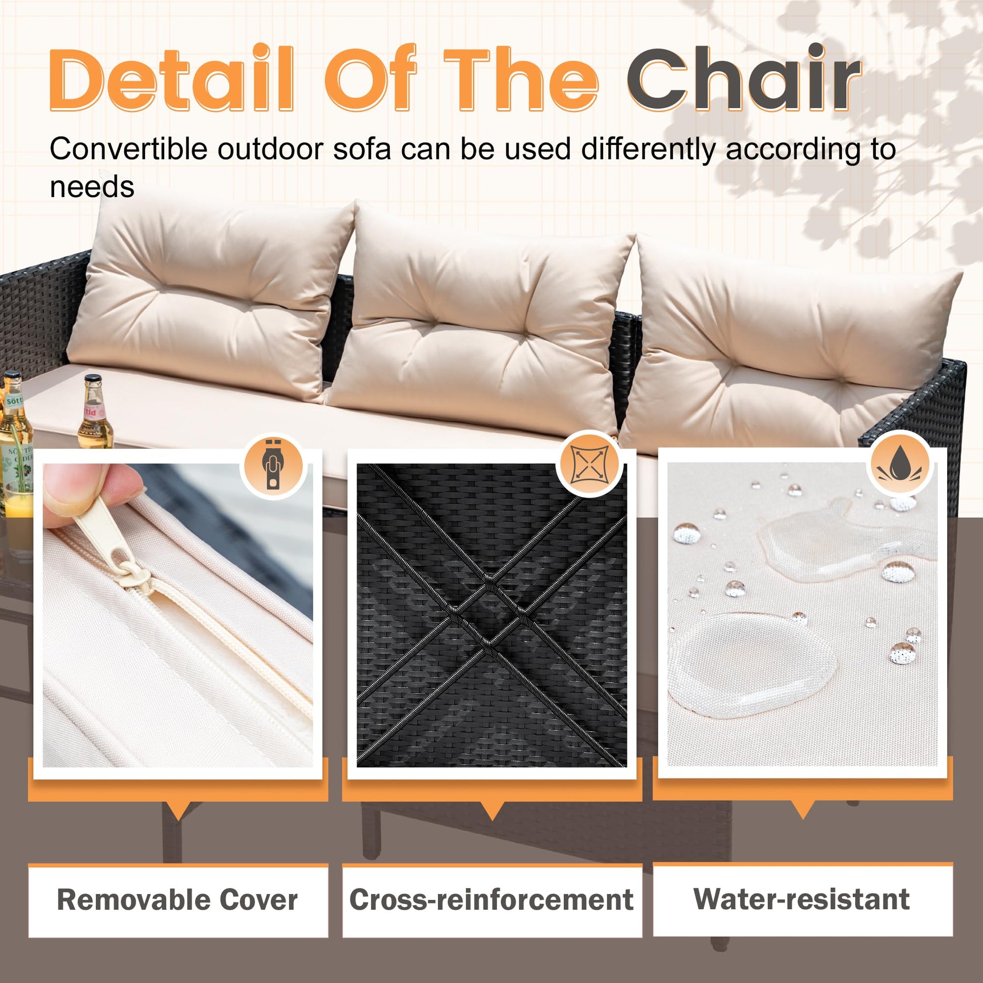 Devoko Outdoor Patio Furniture 3-Piece Rattan Waterproof Outdoor Sectional Sofa All-Weather L Shaped Patio Couch with Cushion Glass Table for Balcony, Garden (Beige) - CookCave