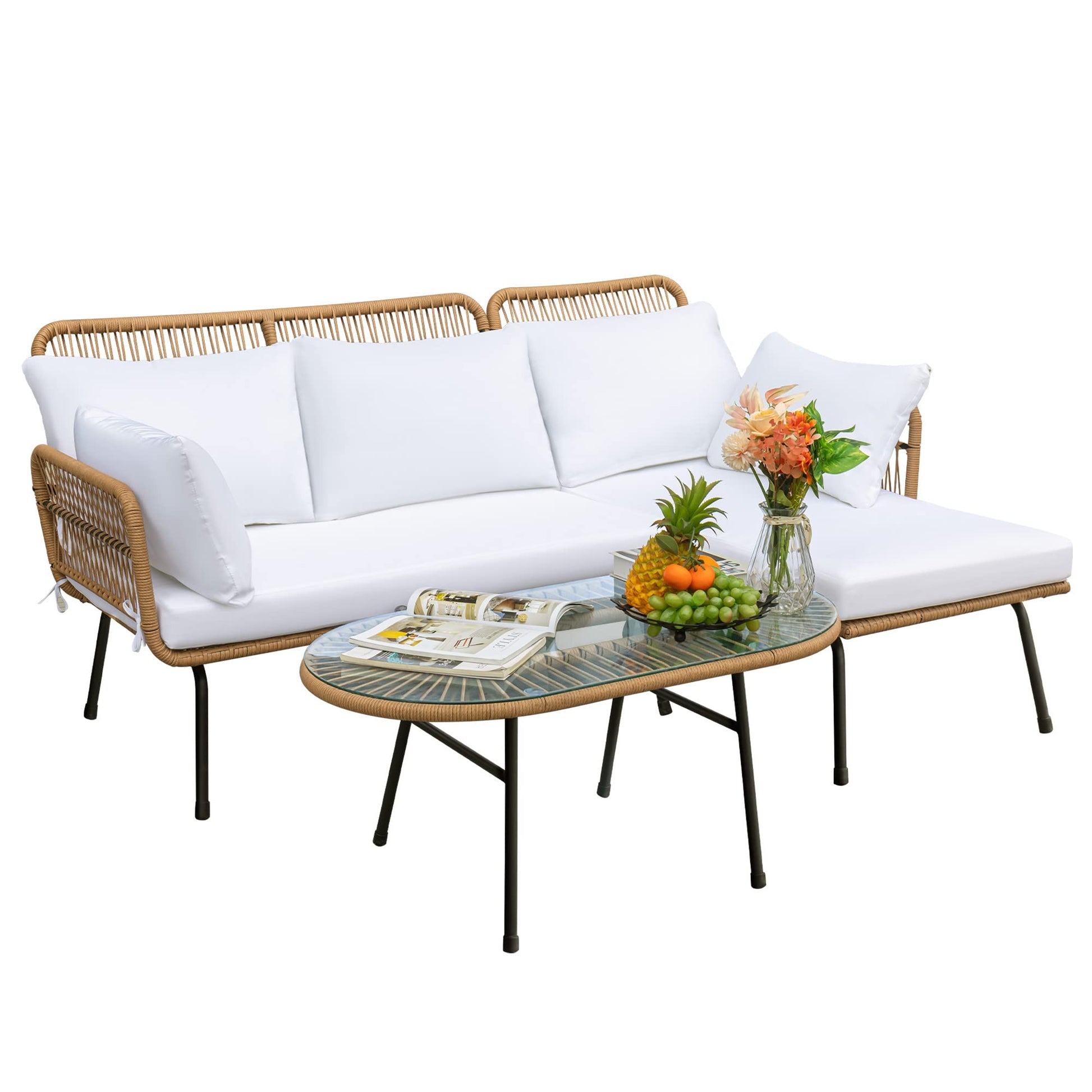 Devoko Outdoor Patio Furniture Set, Outdoor Sectional Conversation Rope Woven L-Shaped Sofa Set with Patio Table and Thick Cushions for Backyard Porch Balcony Garden, White - CookCave