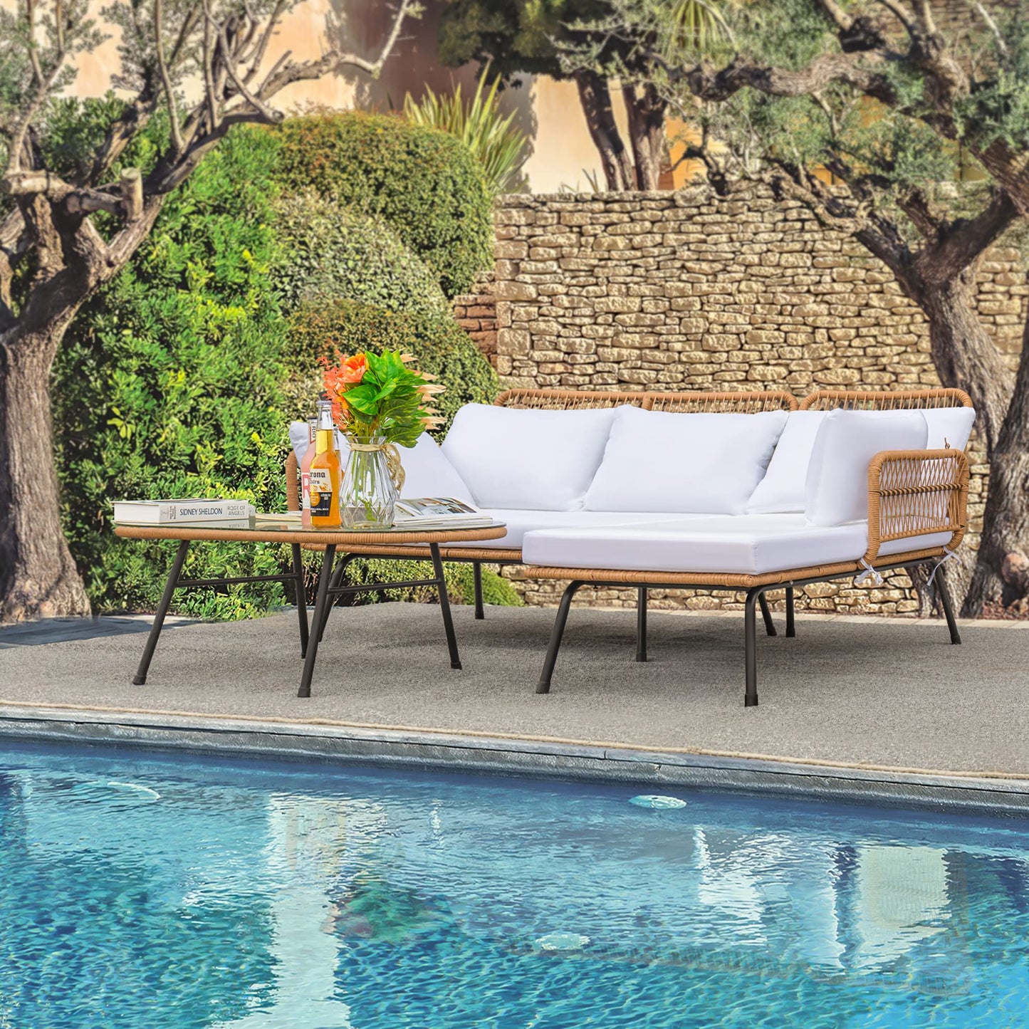 Devoko Outdoor Patio Furniture Set, Outdoor Sectional Conversation Rope Woven L-Shaped Sofa Set with Patio Table and Thick Cushions for Backyard Porch Balcony Garden, White - CookCave