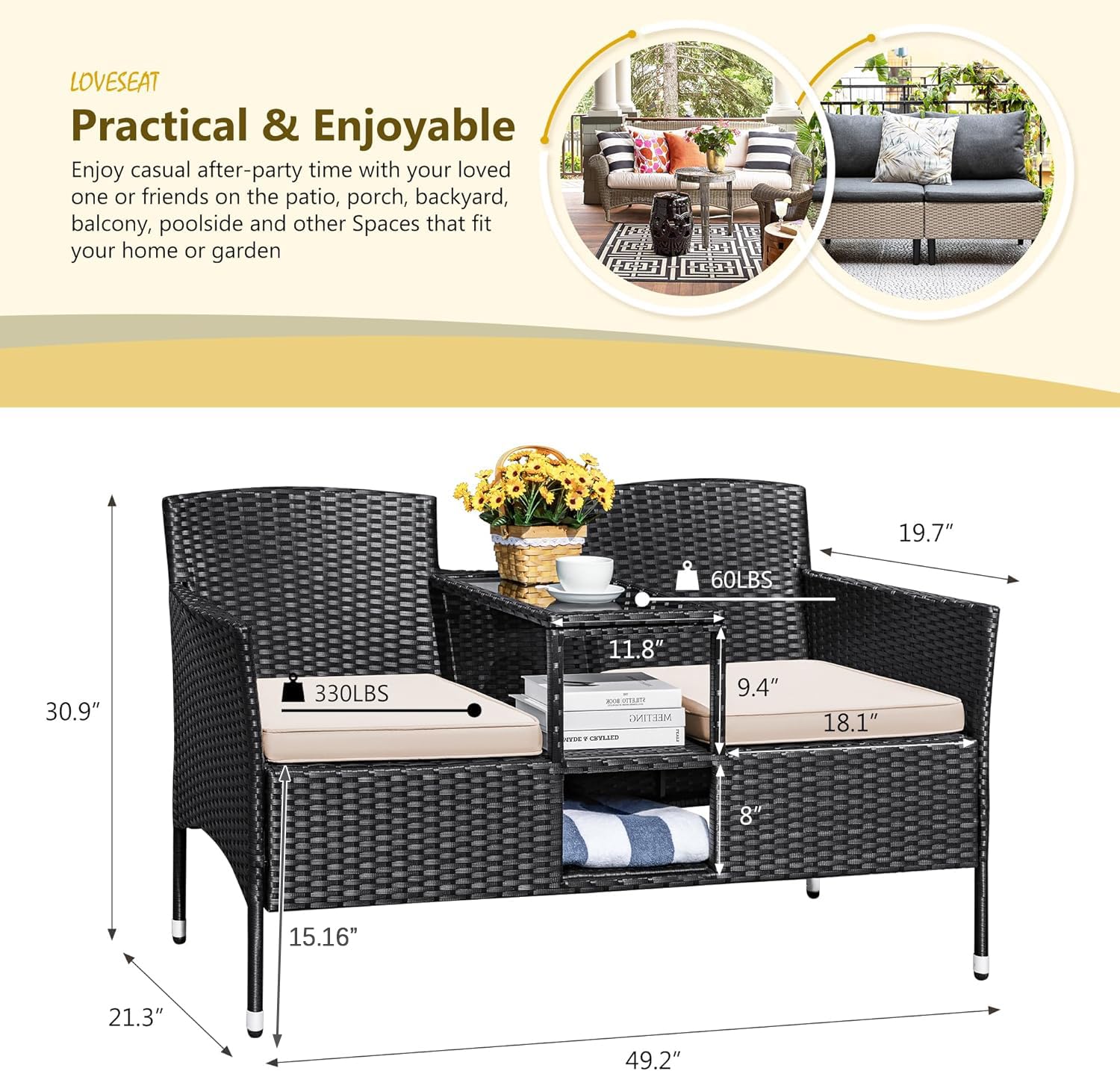 Devoko Outdoor Patio Loveseat Modern Rattan 2-Seat Patio Conversation Set with Cushions & Built-in Coffee Table Porch Furniture for Garden Lawn Backyard (Beige) - CookCave
