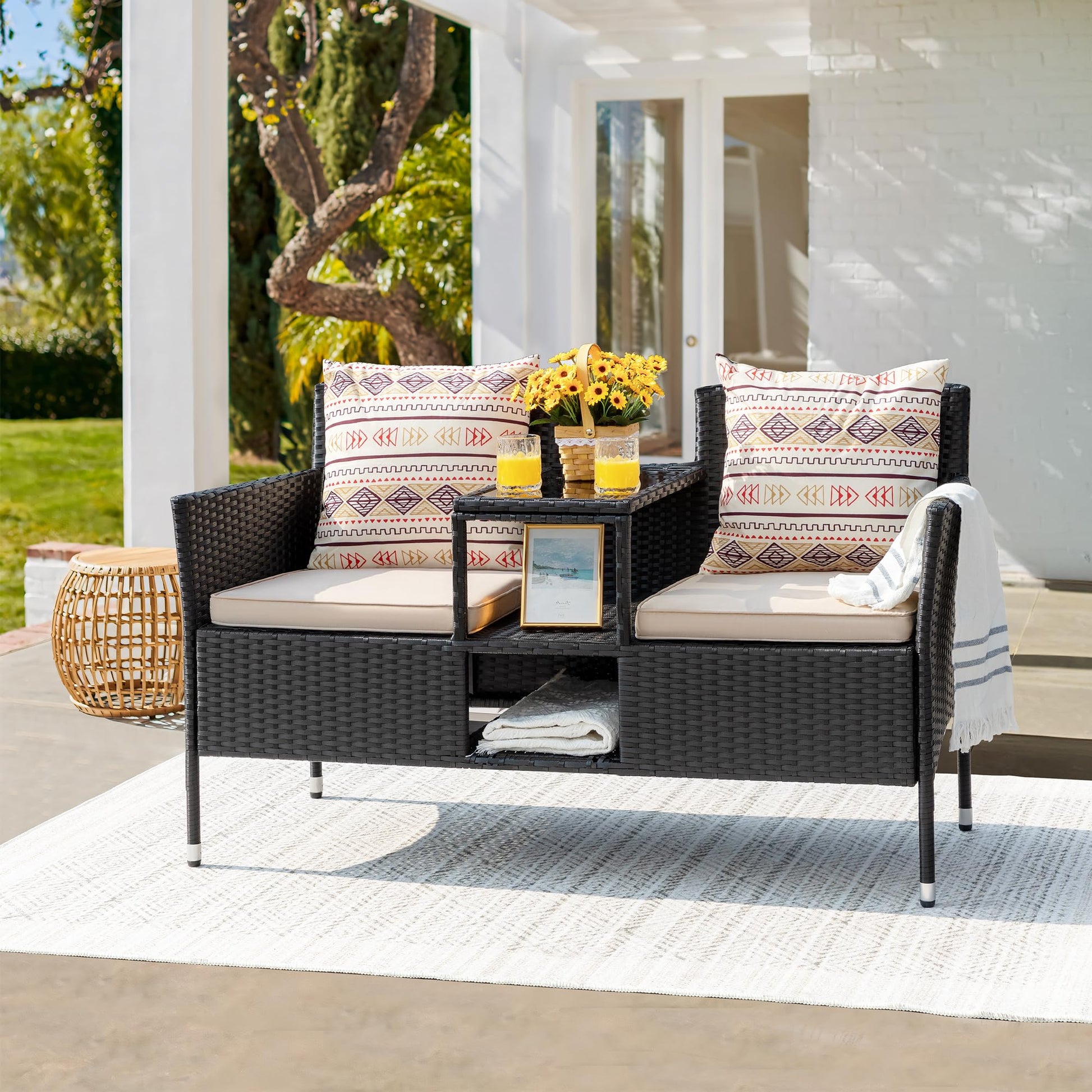 Devoko Outdoor Patio Loveseat Modern Rattan 2-Seat Patio Conversation Set with Cushions & Built-in Coffee Table Porch Furniture for Garden Lawn Backyard (Beige) - CookCave