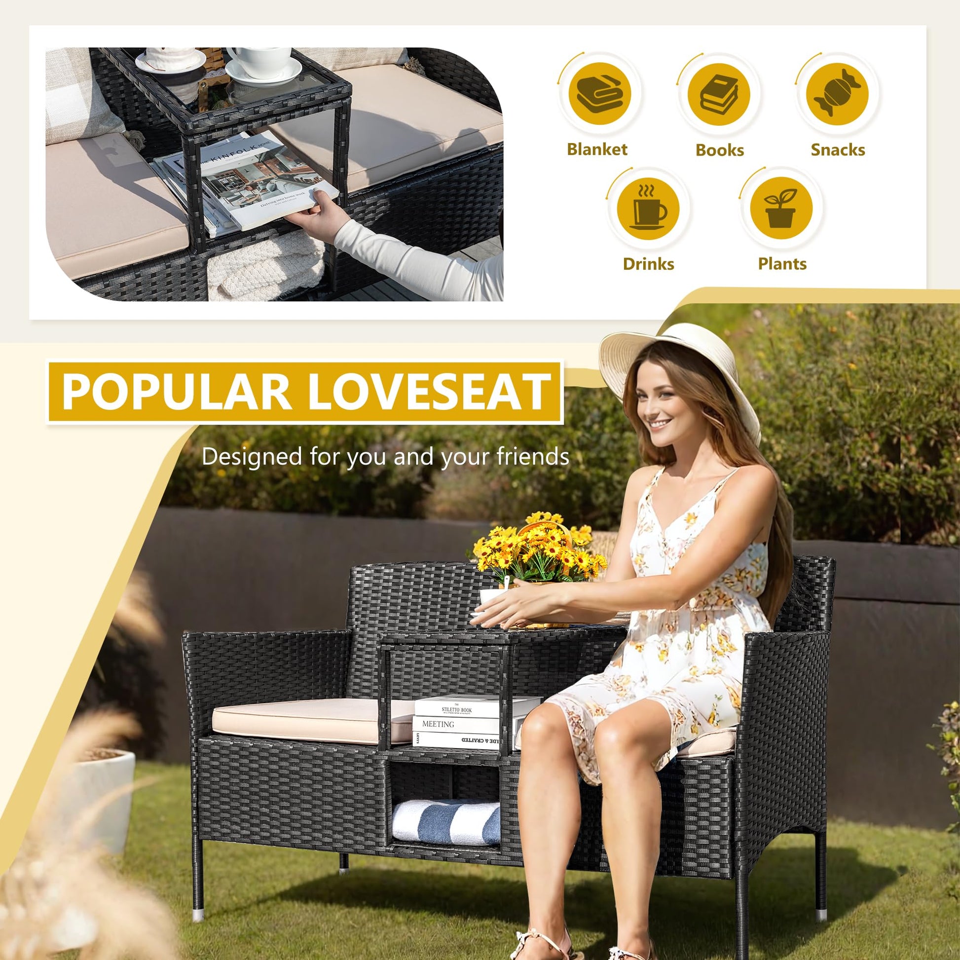 Devoko Outdoor Patio Loveseat Modern Rattan 2-Seat Patio Conversation Set with Cushions & Built-in Coffee Table Porch Furniture for Garden Lawn Backyard (Beige) - CookCave