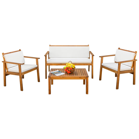 Devoko Patio Furniture 4 Piece Acacia Wood Outdoor Conversation Sofa Set with Table & Cushions Porch Chairs for Garden, Deck, Backyard, Natural - CookCave