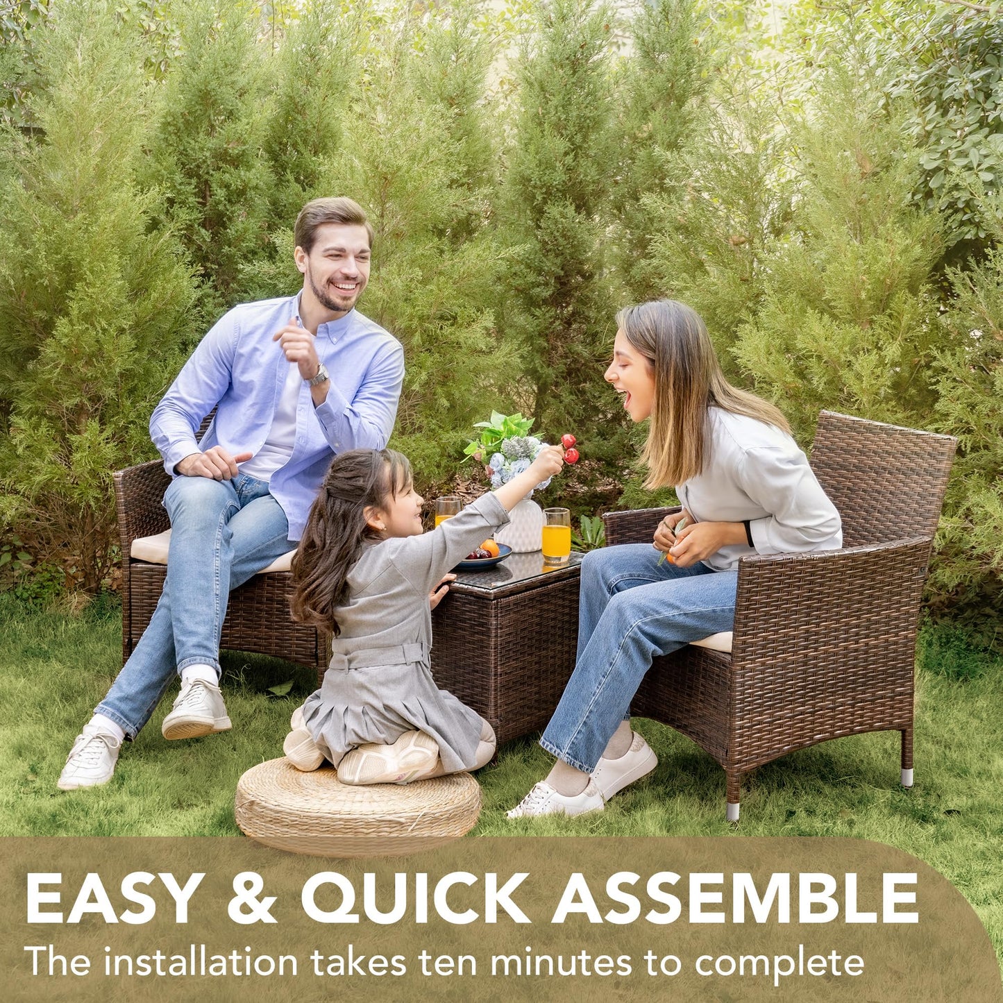 Devoko Patio Porch Furniture Sets 3 Pieces PE Rattan Wicker Chairs with Table Outdoor Garden Furniture Sets (Brown/Beige) - CookCave