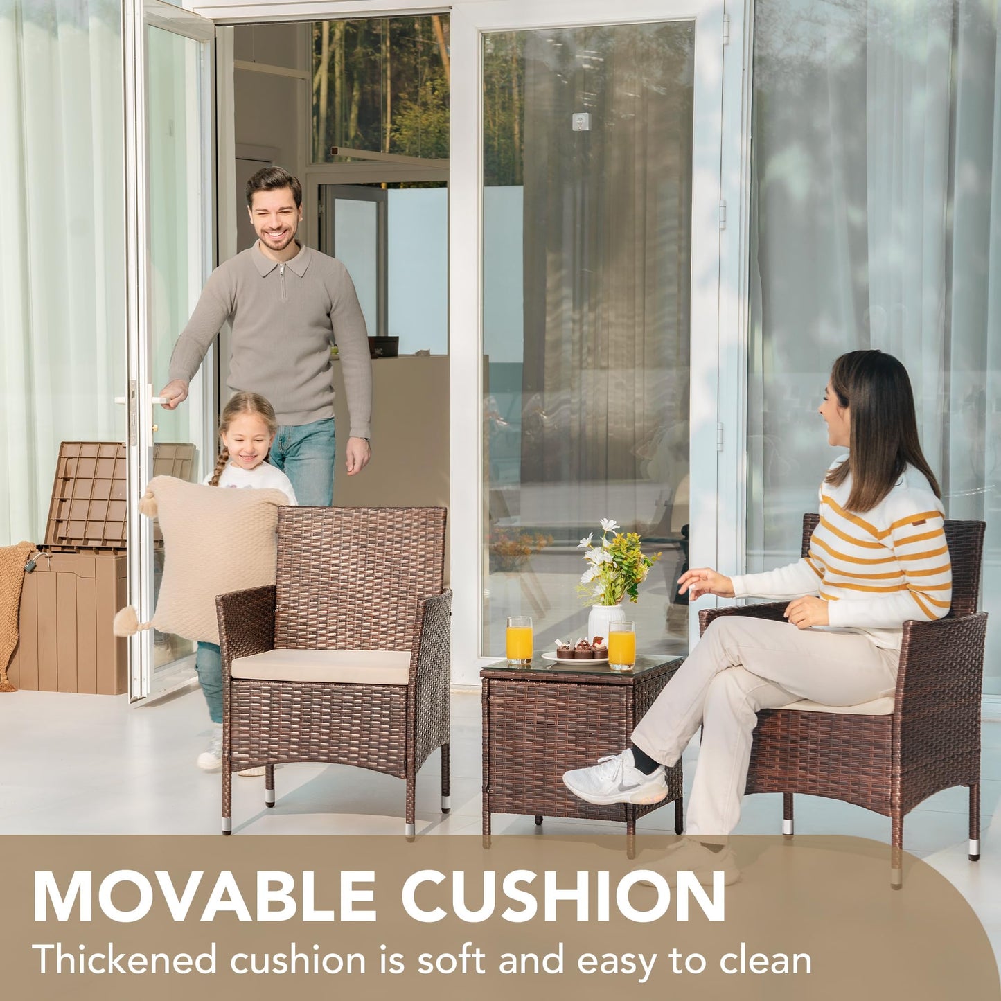 Devoko Patio Porch Furniture Sets 3 Pieces PE Rattan Wicker Chairs with Table Outdoor Garden Furniture Sets (Brown/Beige) - CookCave