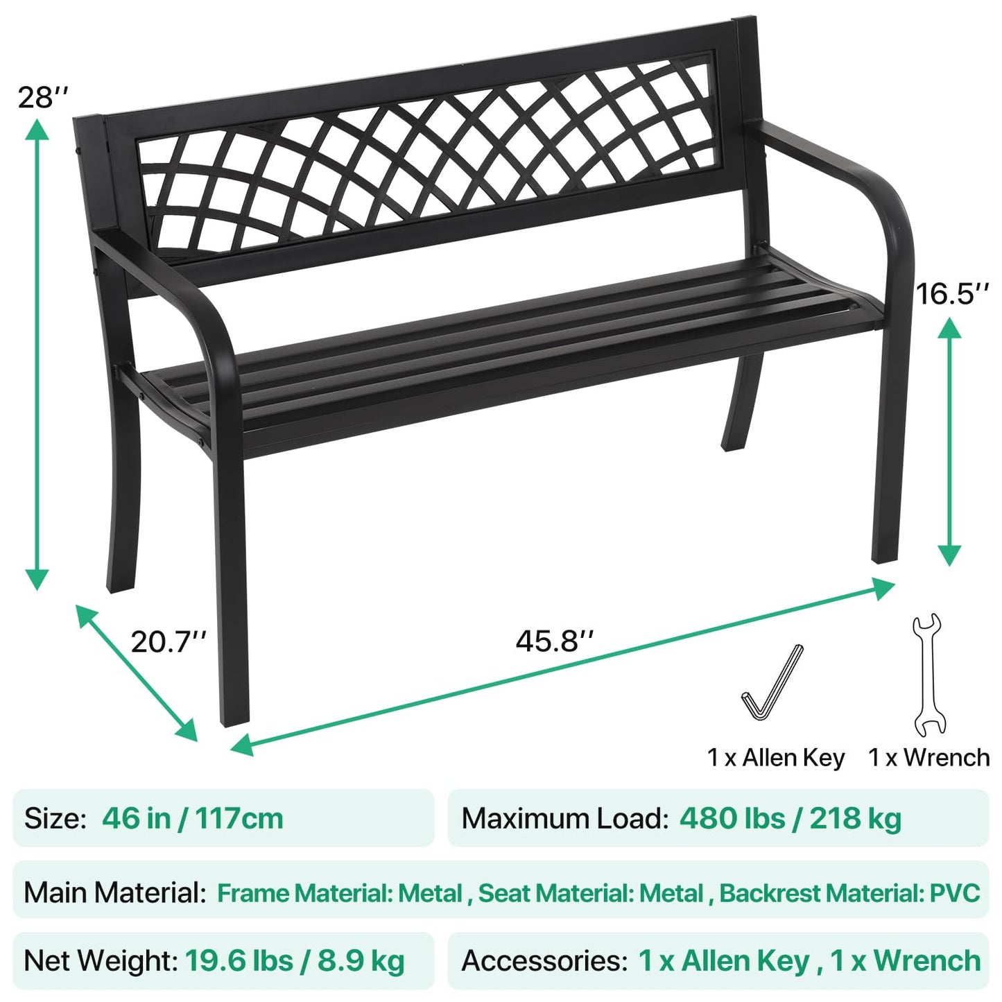Dkeli Patio Outdoor Bench Park Metal Sturdy Cast Iron Garden Benches Porch Chair Seat Furniture with Armrests 480BLS Bearing Capacity for Park Yard Deck Entryway, Black - CookCave