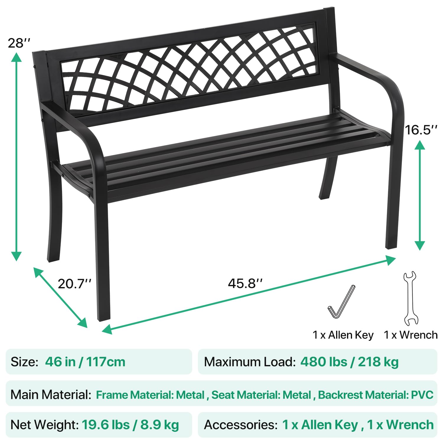 Dkeli Patio Outdoor Bench Park Metal Sturdy Cast Iron Garden Benches Porch Chair Seat Furniture with Armrests 480BLS Bearing Capacity for Park Yard Deck Entryway, Black - CookCave