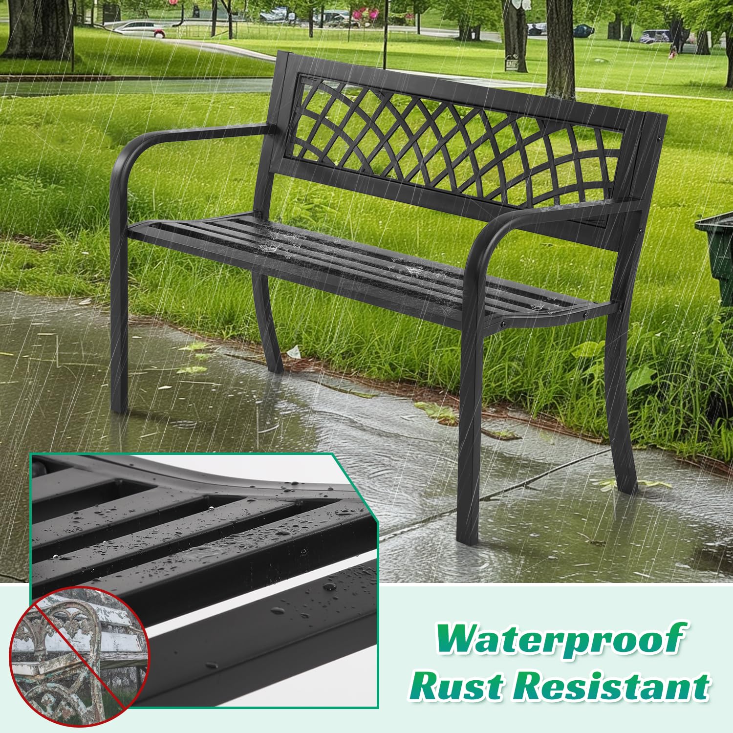 Dkeli Patio Outdoor Bench Park Metal Sturdy Cast Iron Garden Benches Porch Chair Seat Furniture with Armrests 480BLS Bearing Capacity for Park Yard Deck Entryway, Black - CookCave