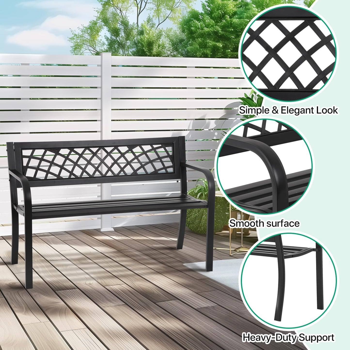 Dkeli Patio Outdoor Bench Park Metal Sturdy Cast Iron Garden Benches Porch Chair Seat Furniture with Armrests 480BLS Bearing Capacity for Park Yard Deck Entryway, Black - CookCave