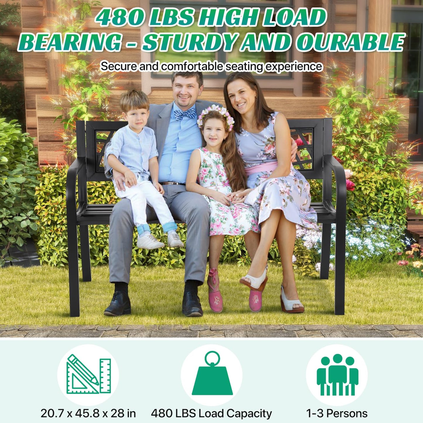 Dkeli Patio Outdoor Bench Park Metal Sturdy Cast Iron Garden Benches Porch Chair Seat Furniture with Armrests 480BLS Bearing Capacity for Park Yard Deck Entryway, Black - CookCave