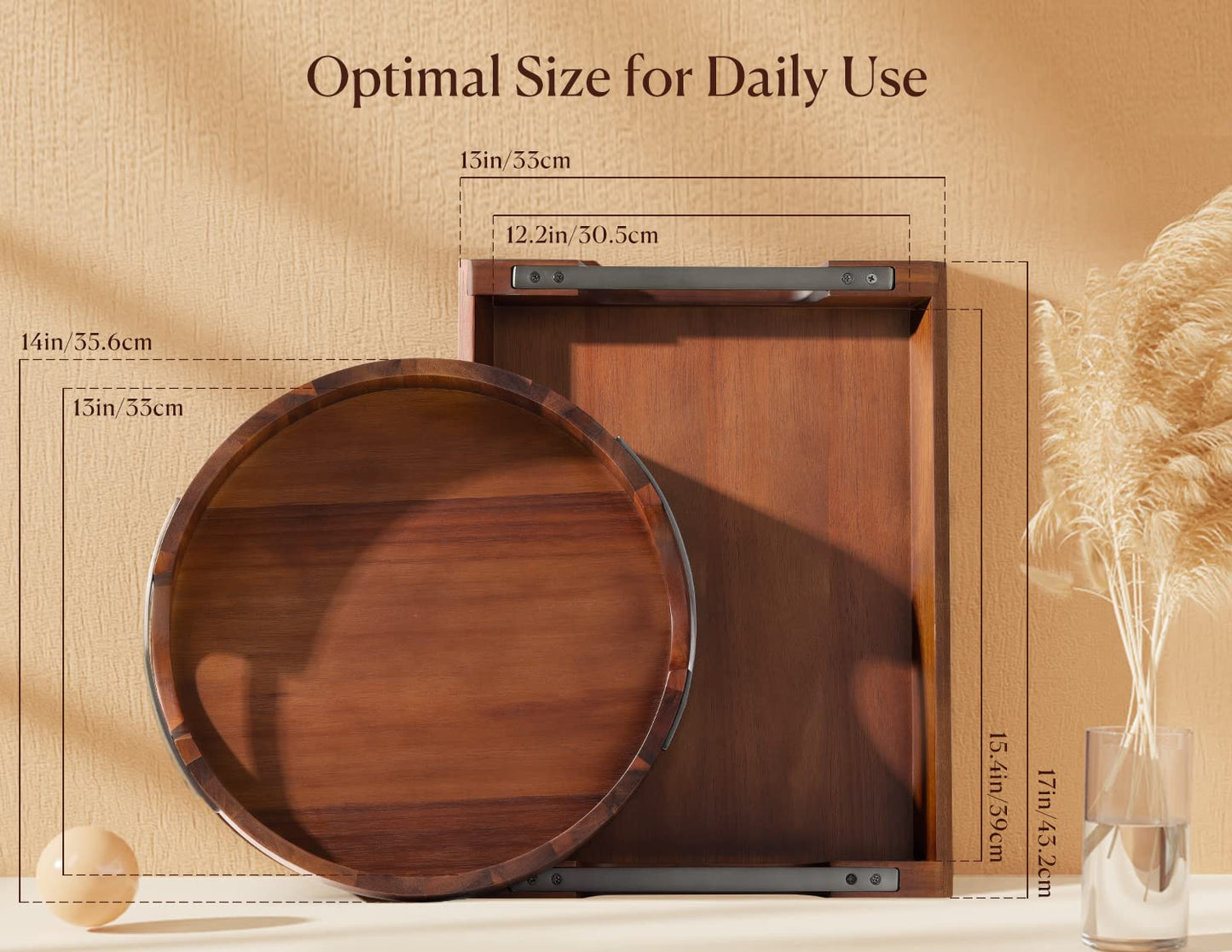 Dofira Acacia Wood Serving Tray with Metal Handles, 17x13in Food Drinks Tray for Coffee Table, Breakfast, Dinner & Bar, Rustic Decorative Storage Tray for Ottoman, Kitchen, Bedroom Gift Packaging - CookCave